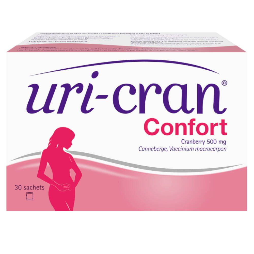 Boîte de uri-cran® Confort. Rose et blanche, avec nom du produit et informations sur la canneberge. 30 sachets.