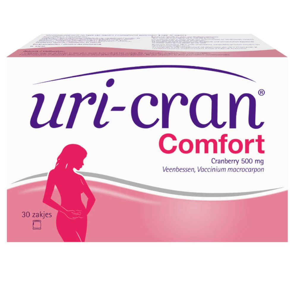 Boîte de uri-cran® Confort. Rose et blanche, avec nom du produit et informations sur la canneberge. 30 zakjes.