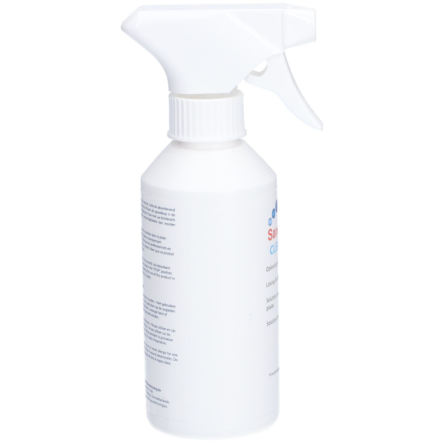 Bouteille blanche avec pulvérisateur. Étiquette avec texte multilingue. Vue arrière.