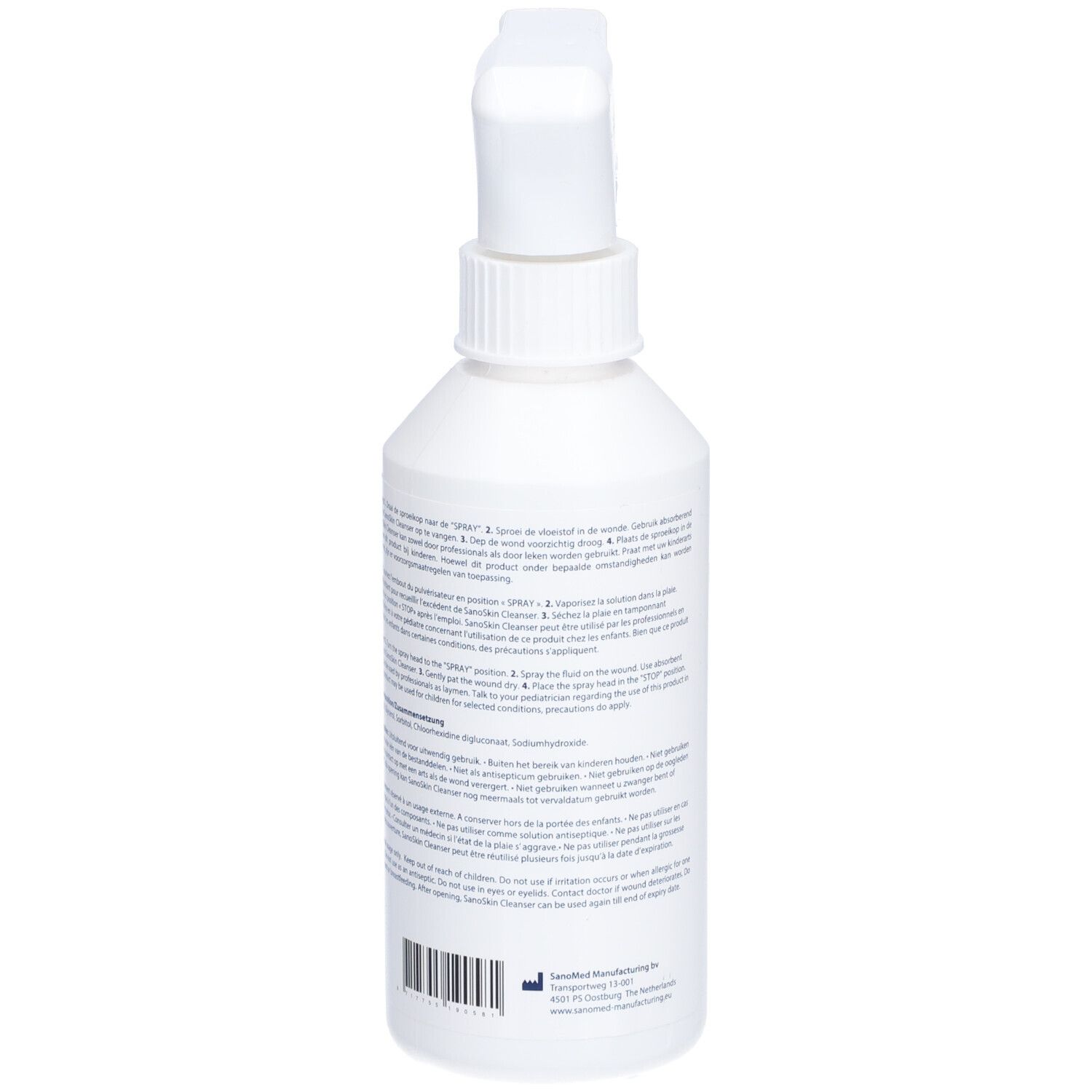 Bouteille blanche avec pulvérisateur. Vue arrière avec texte multilingue. Vue détaillée.