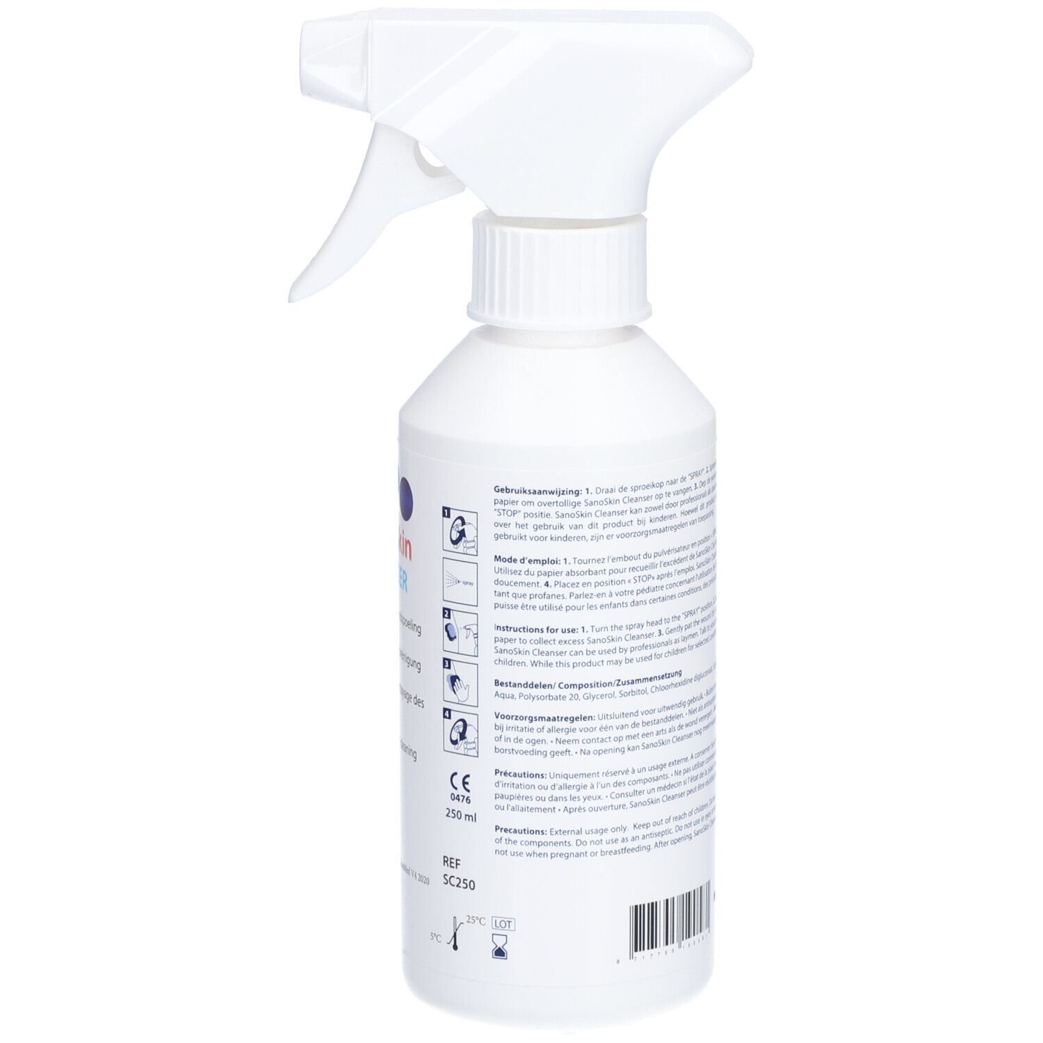 Bouteille blanche avec pulvérisateur. Vue arrière avec texte multilingue. Marque CE et indication de volume.