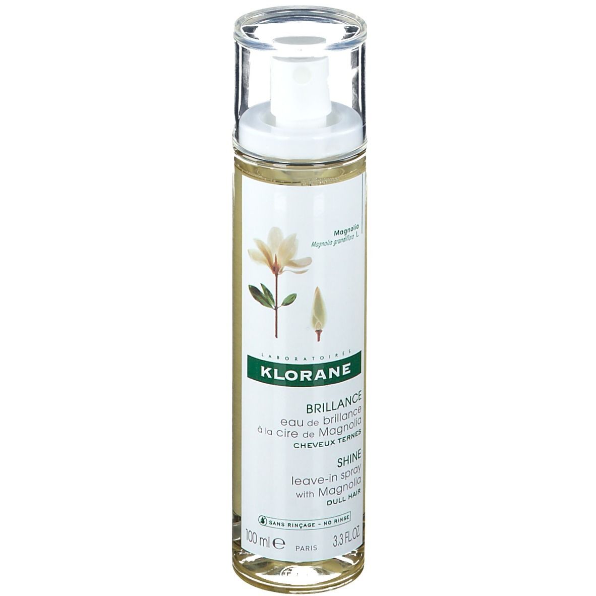 Spray brillance Klorane. Flacon transparent avec vaporisateur. Étiquette avec motif floral et informations produit.