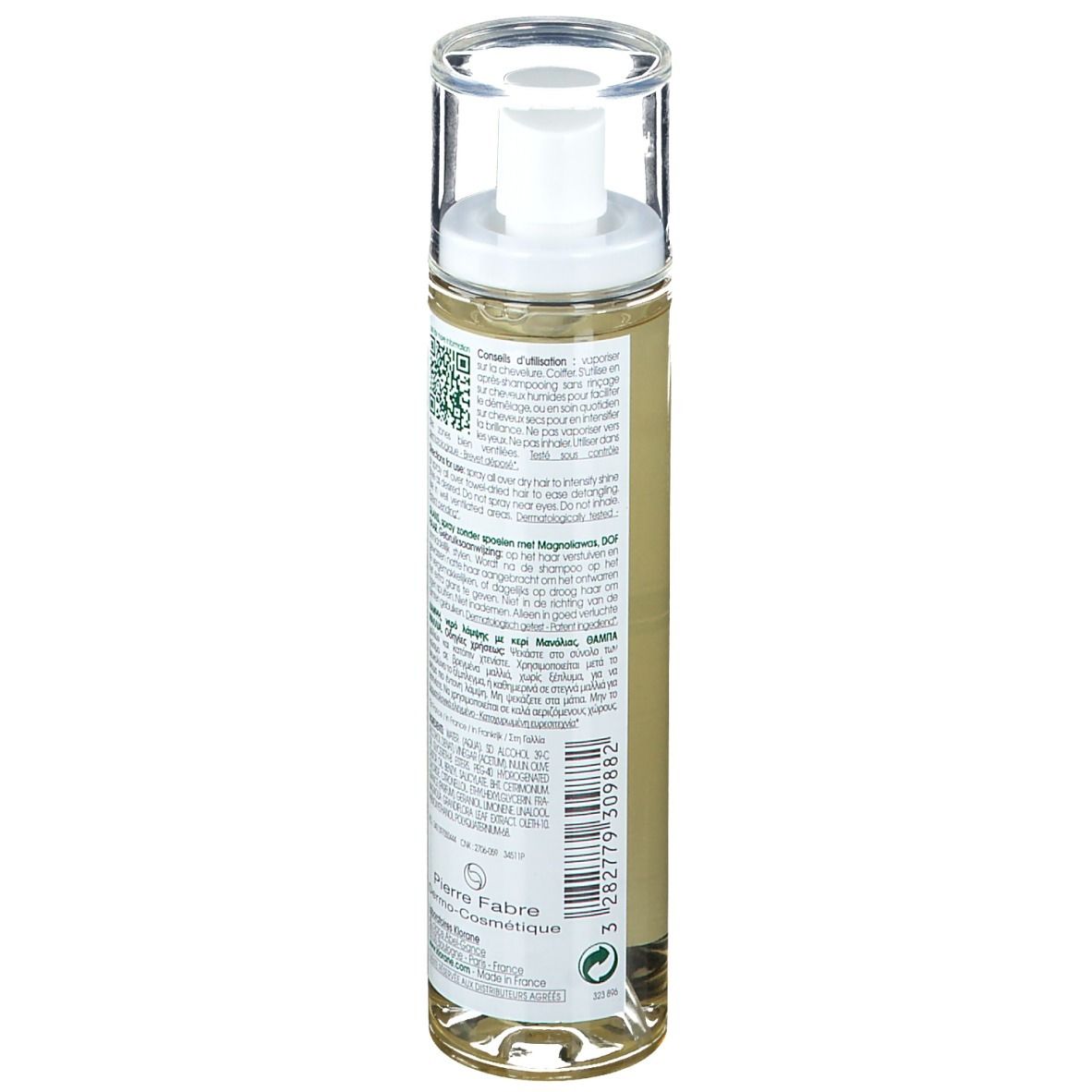 Dos du flacon de spray brillance Klorane. Étiquette avec texte, QR code et informations fabricant.