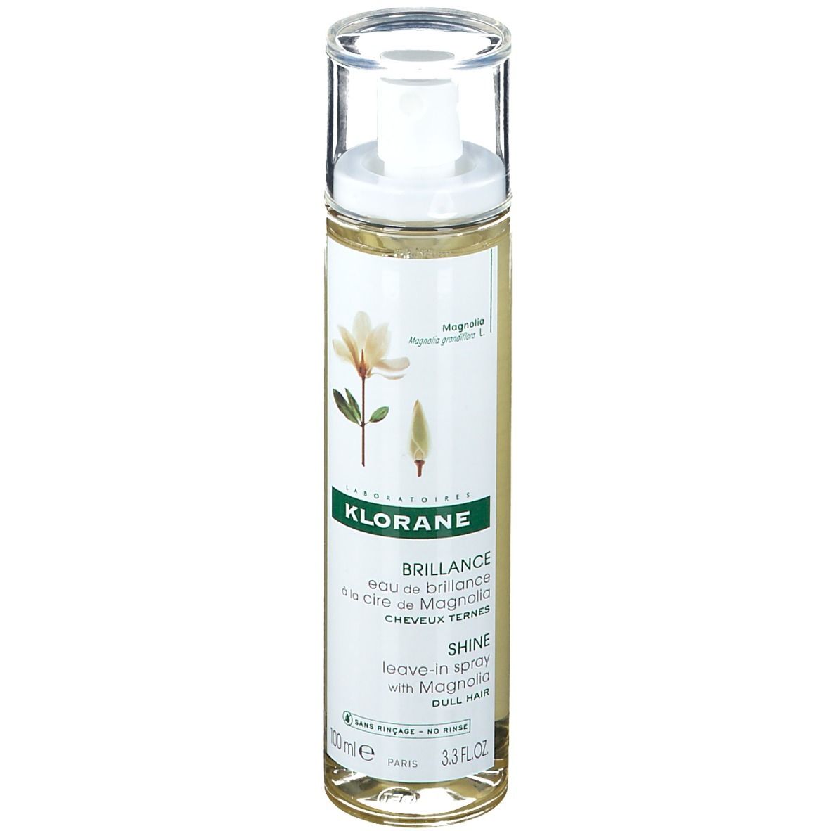 Spray brillance Klorane. Flacon transparent avec vaporisateur. Étiquette avec motif floral et informations produit.