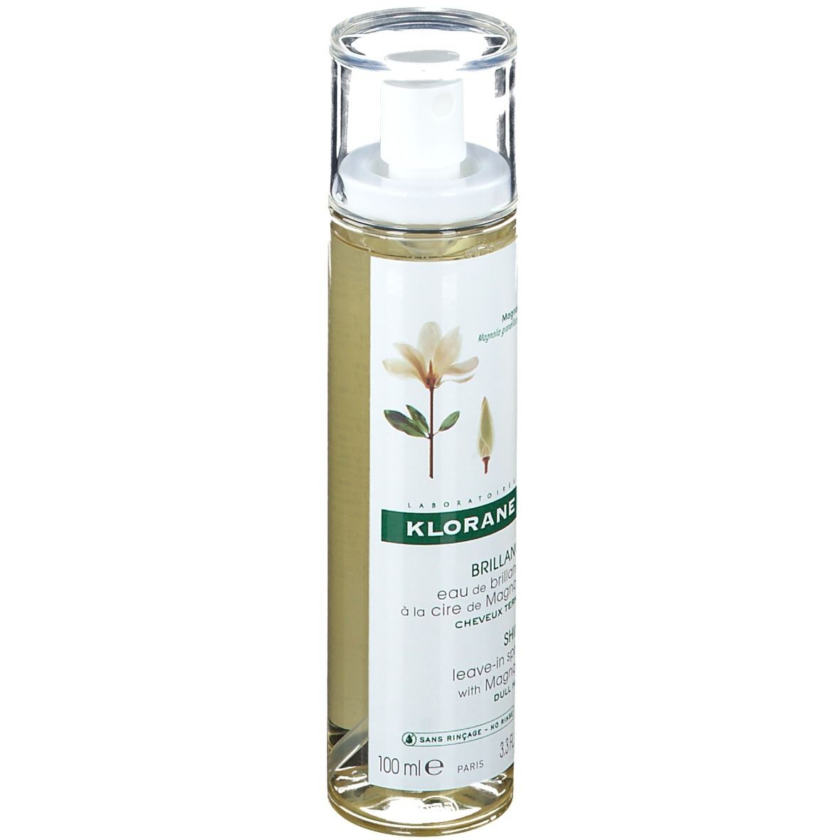Spray brillance Klorane. Flacon transparent avec vaporisateur. Étiquette avec motif floral et informations produit.