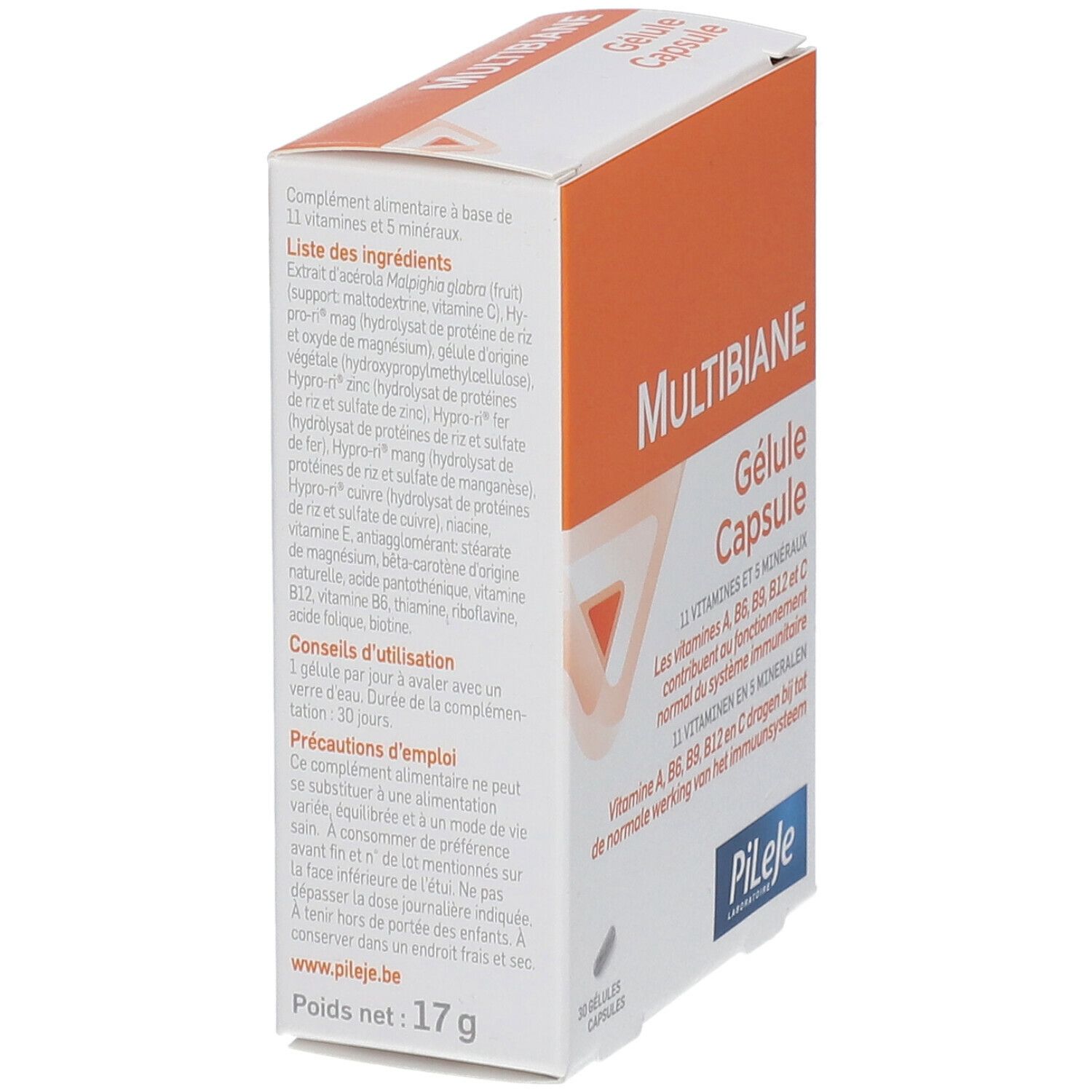 Doosje "Multibiane" met ingrediëntenlijst. Oranje en wit design. "Pileje" logo. Nettogewicht: 17g.