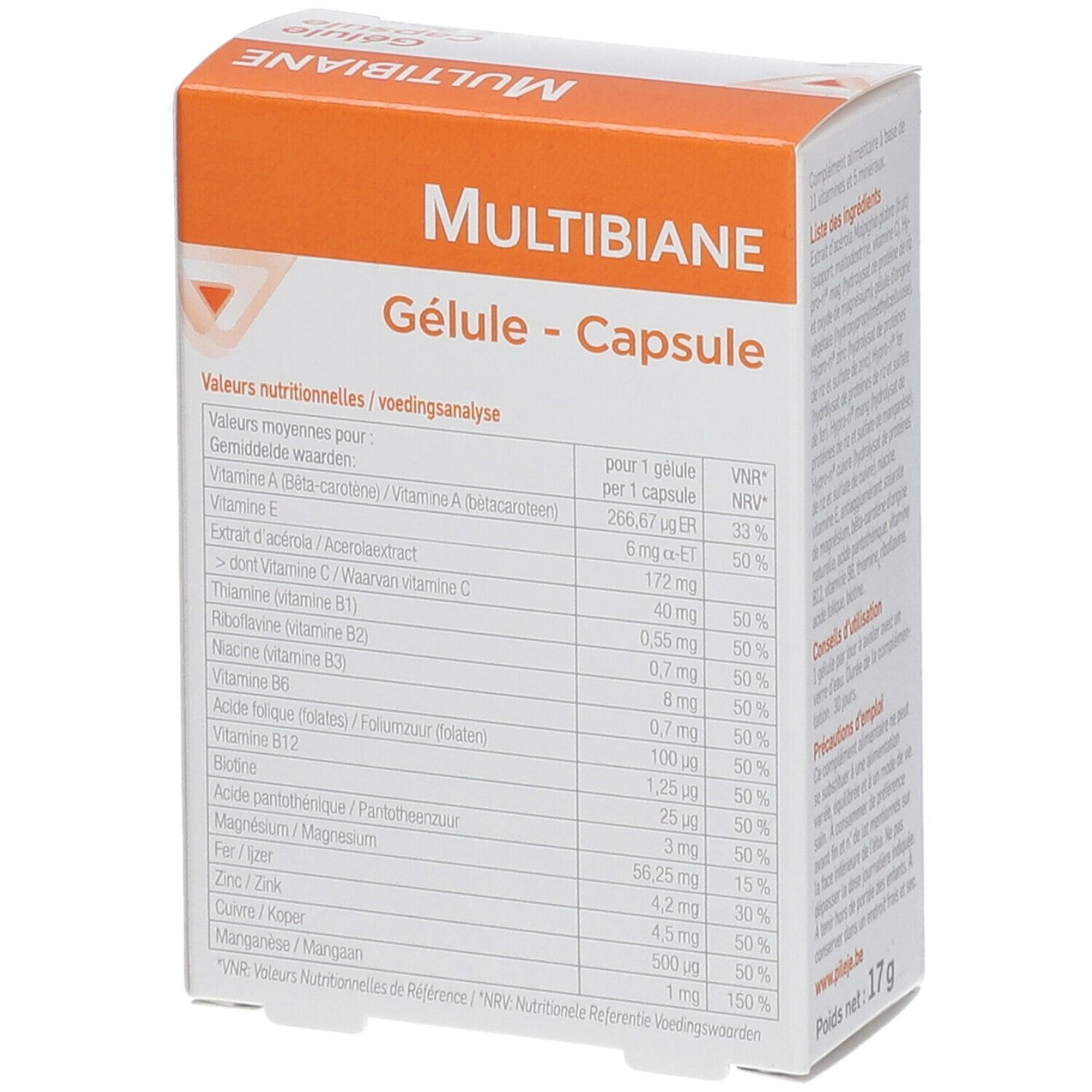 Doosje "Multibiane" met voedingswaarde informatie. Oranje en wit design. "Pileje" logo. Nettogewicht: 17g.