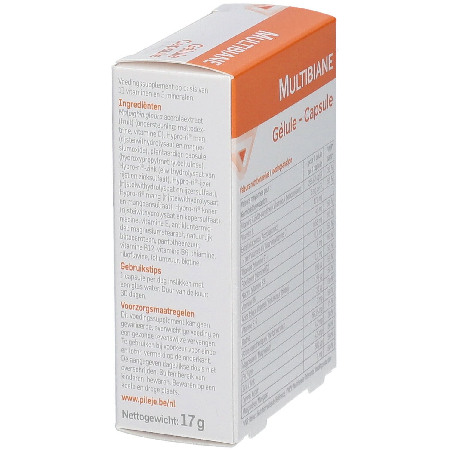 Doosje "Multibiane" met ingrediëntenlijst. Oranje en wit design. "Pileje" logo. Nettogewicht: 17g.
