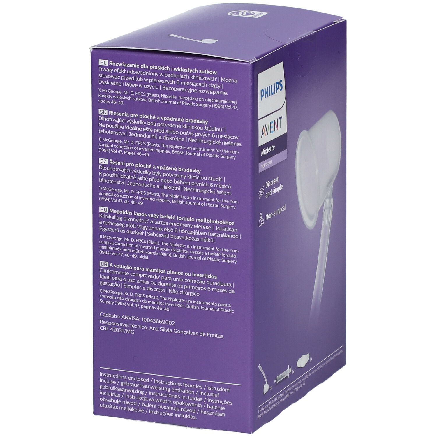 Avent Niplette™-Verpackung. Violette Schachtel mit Produktabbildung. Text in mehreren Sprachen.