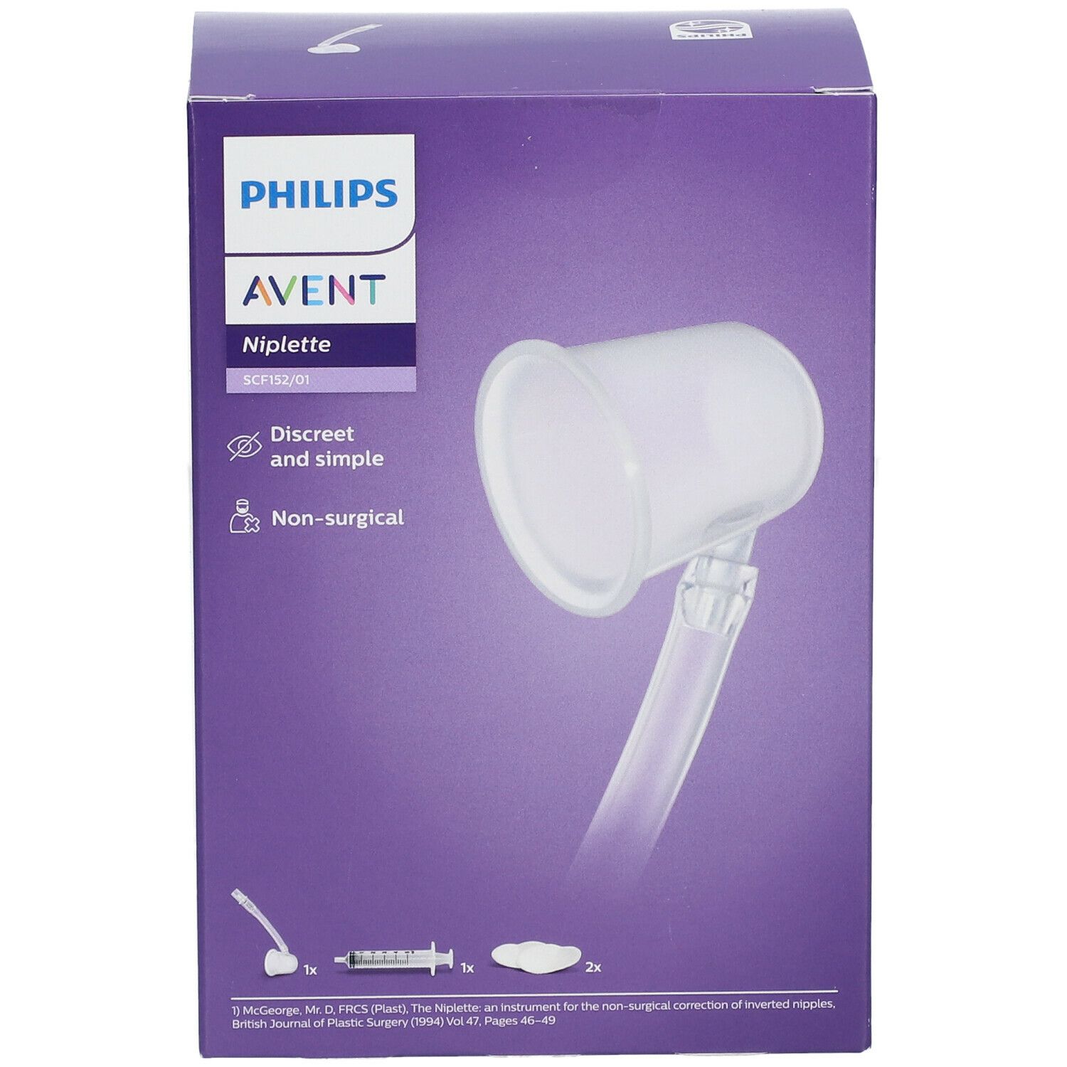 Avent Niplette™-Verpackung. Violette Schachtel mit Produktabbildung. Enthält eine transparente Vorrichtung und Zubehör.