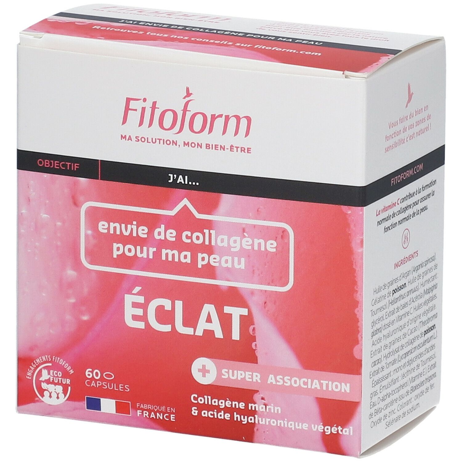 Boîte Fitoform Eclat. Inscription: envie de collagène pour ma peau. 60 capsules. Drapeau français. Logo Eco-Futur.