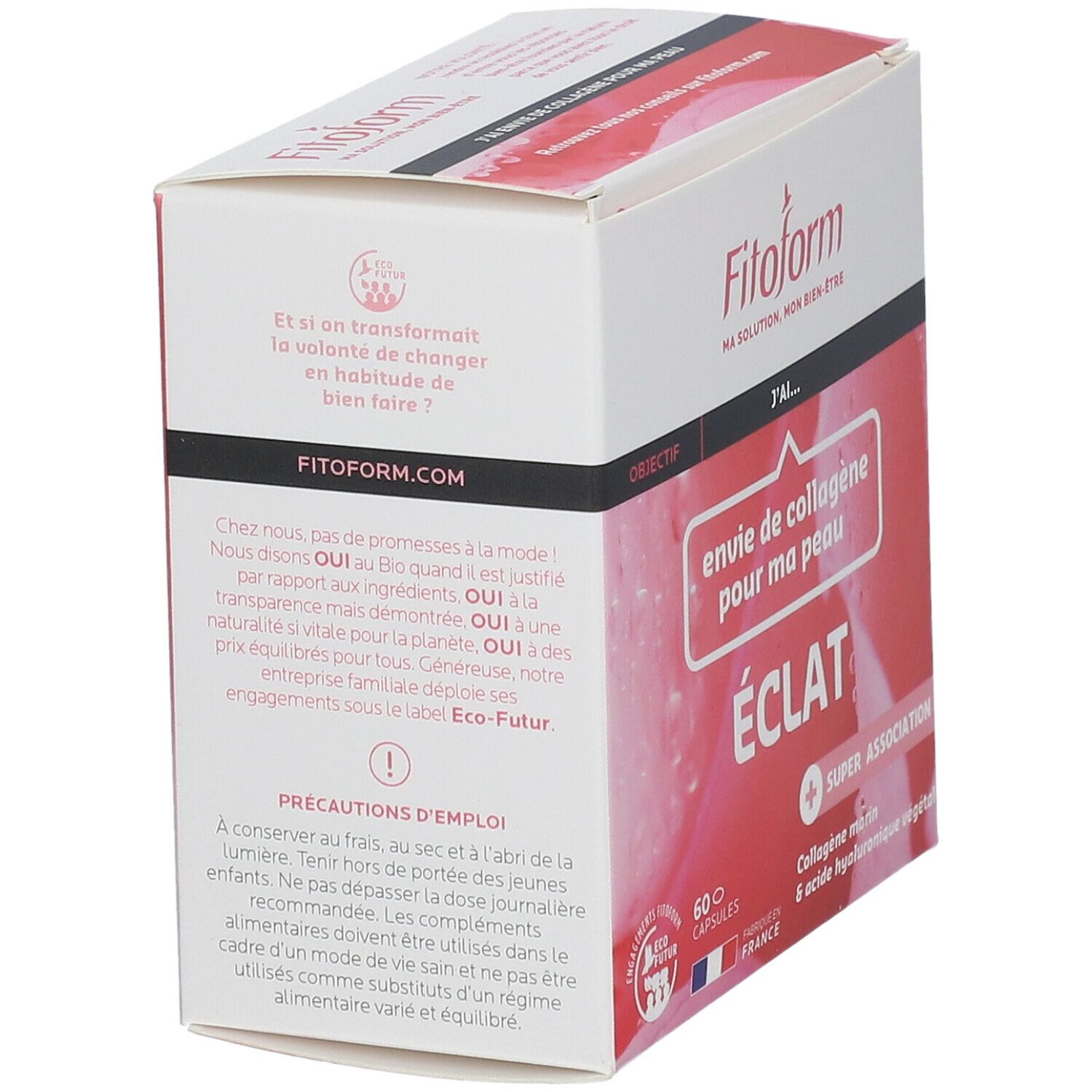 Boîte Fitoform inclinée. Inscription: envie de collagène pour ma peau. 60 capsules. Drapeau français. Texte et logos.