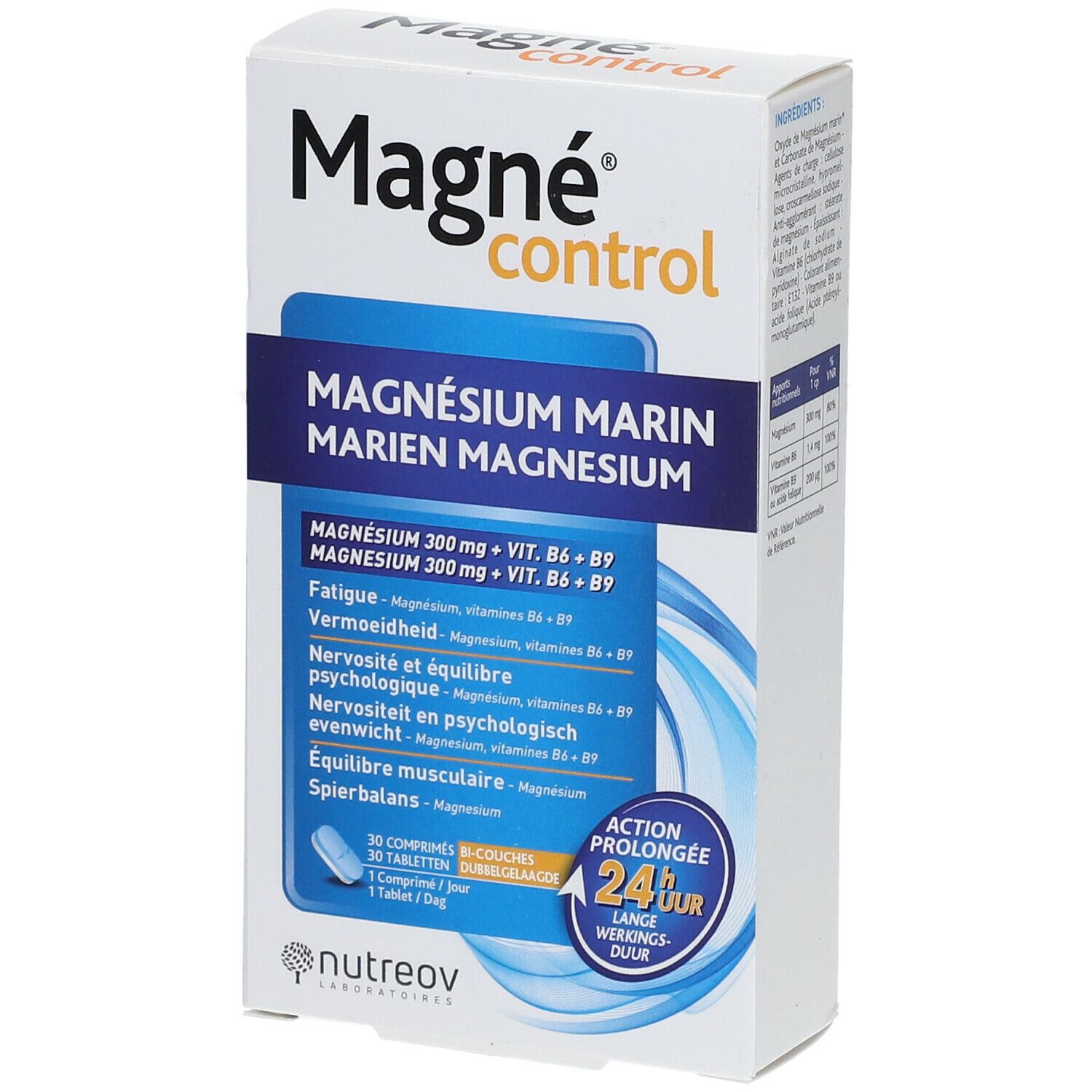 Boîte "Magné control". Emballage bleu et blanc avec informations produit et 30 comprimés.