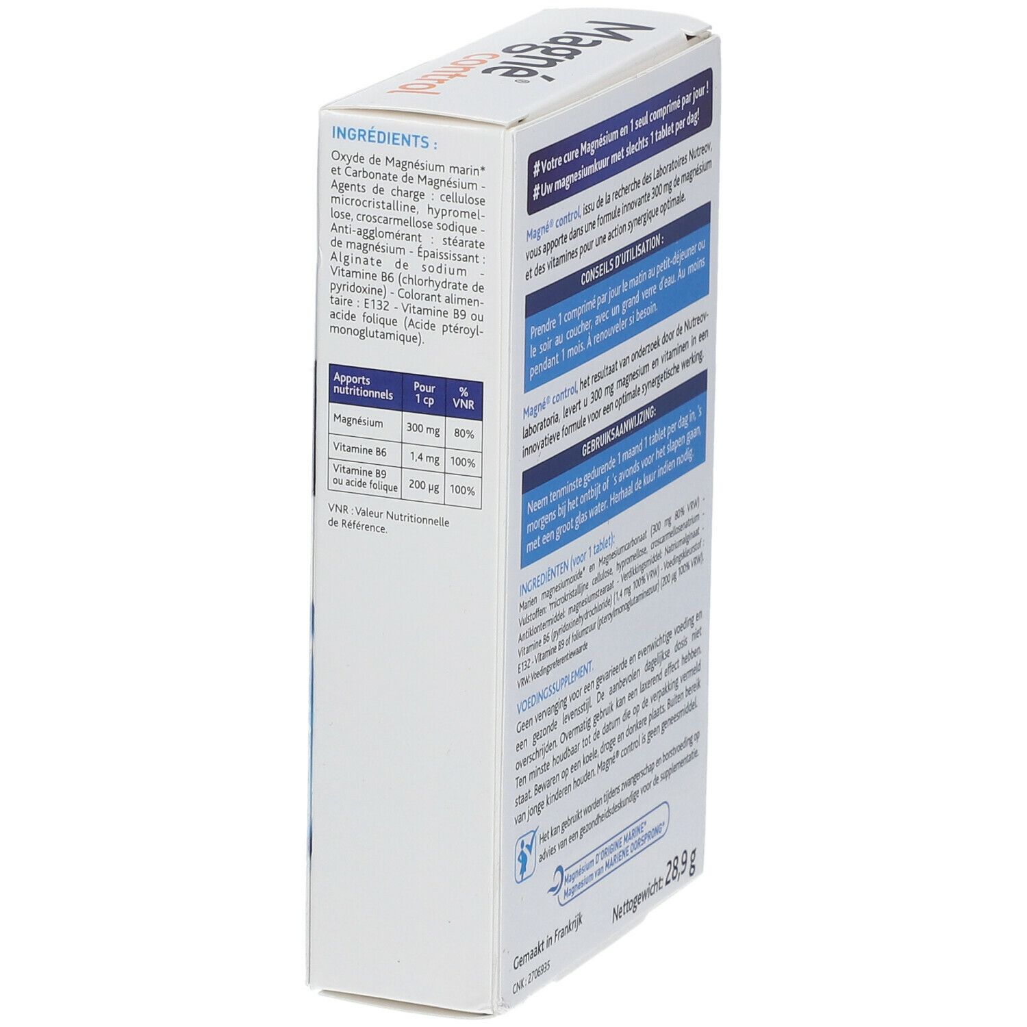 Vue latérale de la boîte "Magné control". Contient informations produit et ingrédients.
