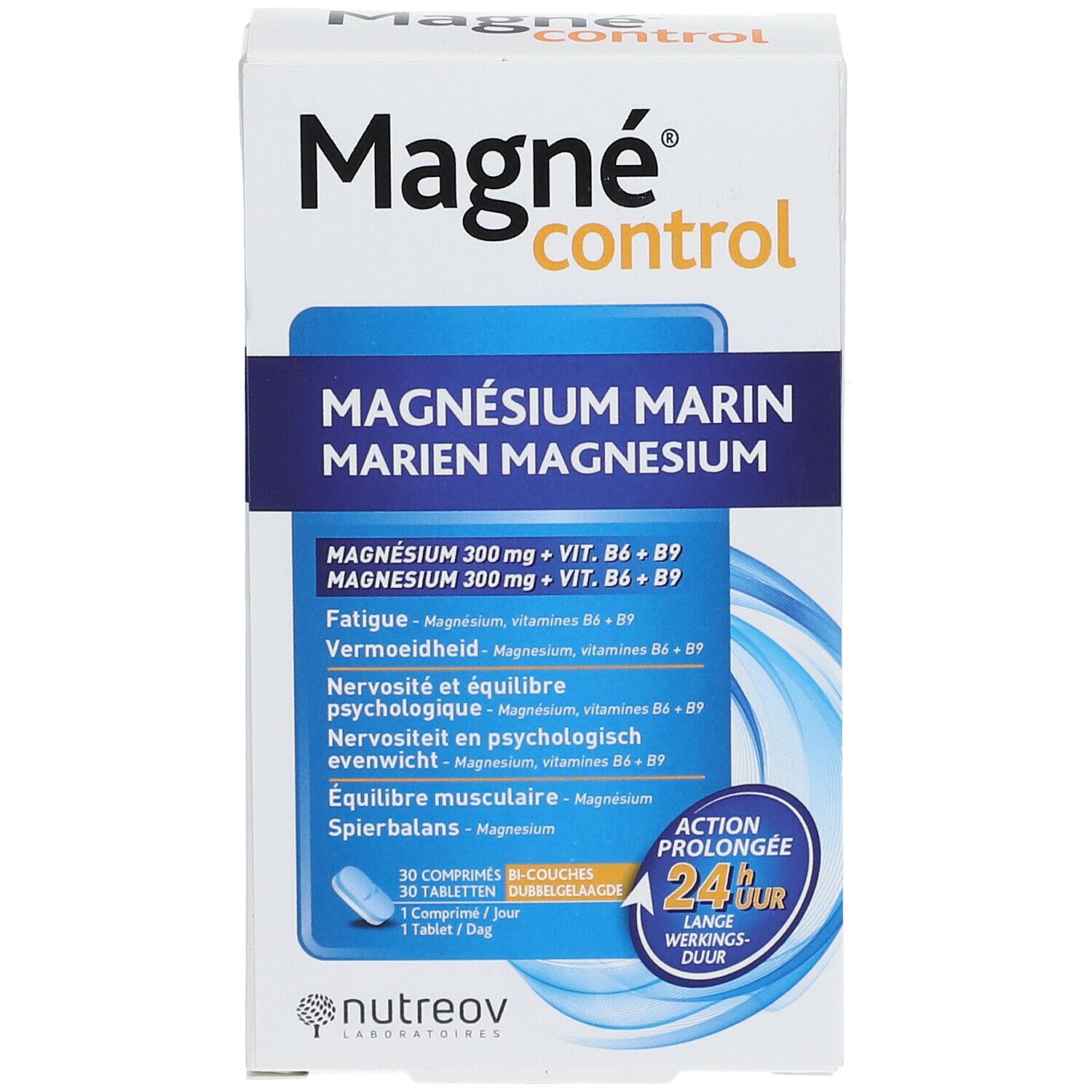 Vue de face de la boîte "Magné control". Emballage bleu et blanc avec informations produit.