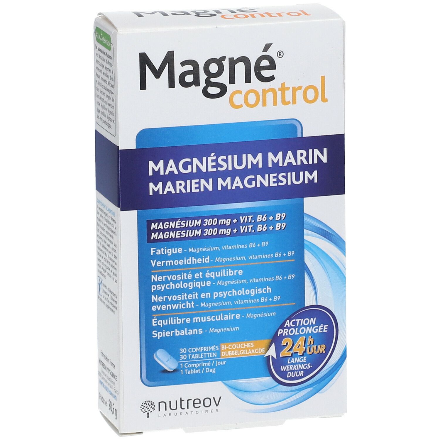 Vue de face de la boîte "Magné control". Emballage bleu et blanc avec informations produit.