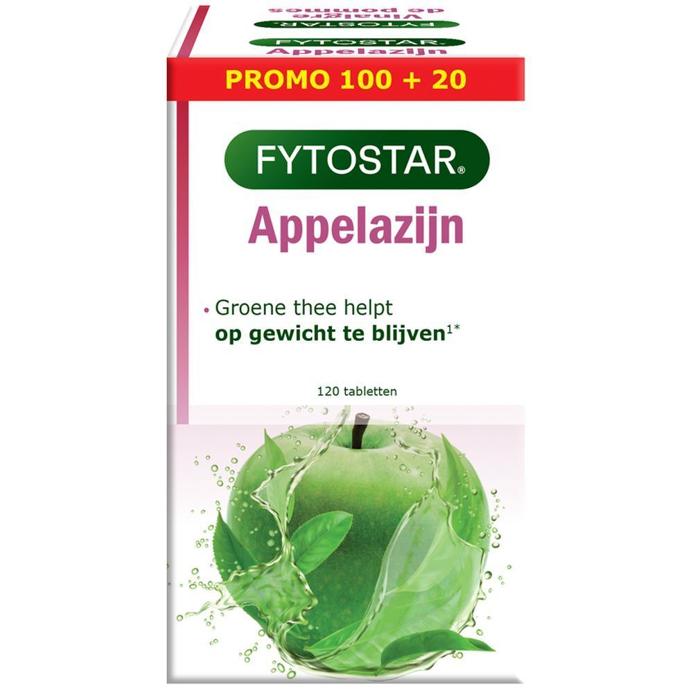Fytostar Appelazijn, doos met 120 tabletten. Bevat groene thee. Promo 100 + 20.