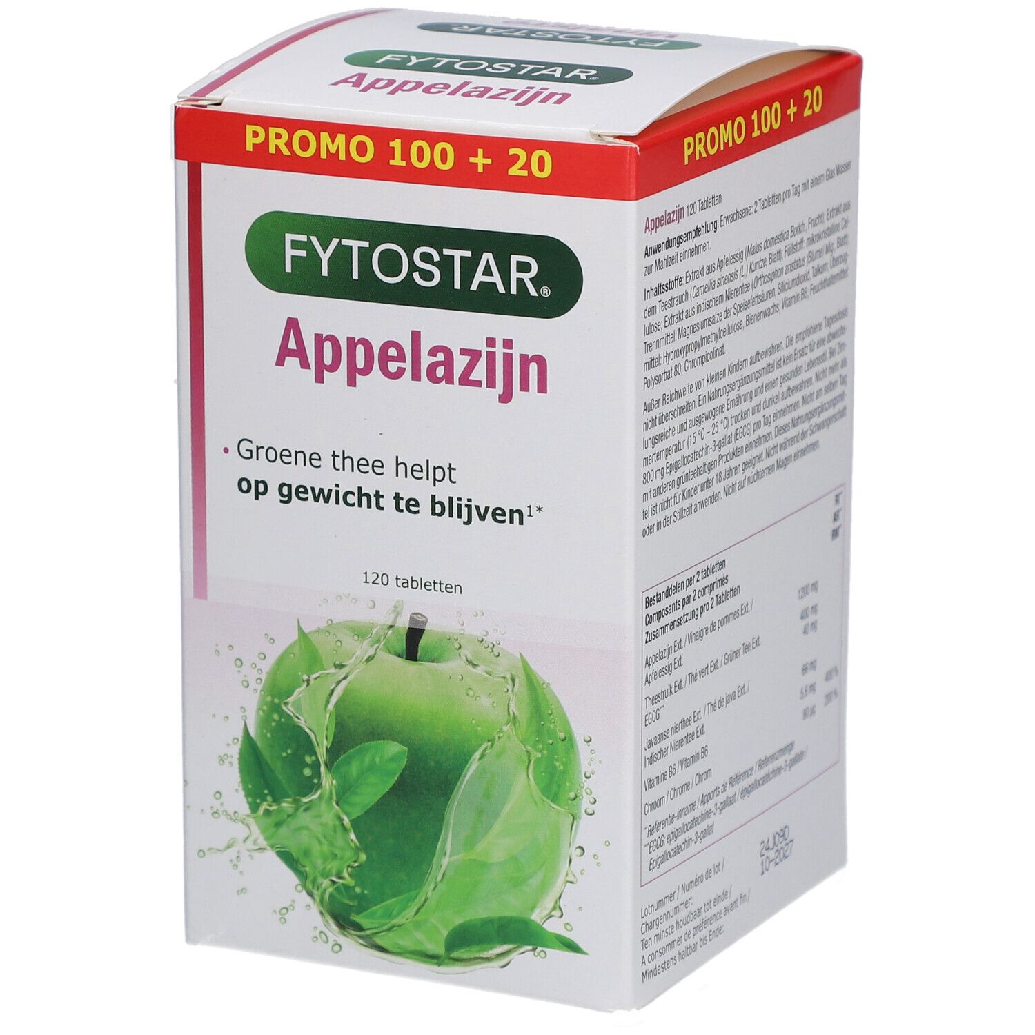Fytostar Appelazijn, doos met 120 tabletten. Bevat groene thee. Promo 100 + 20.