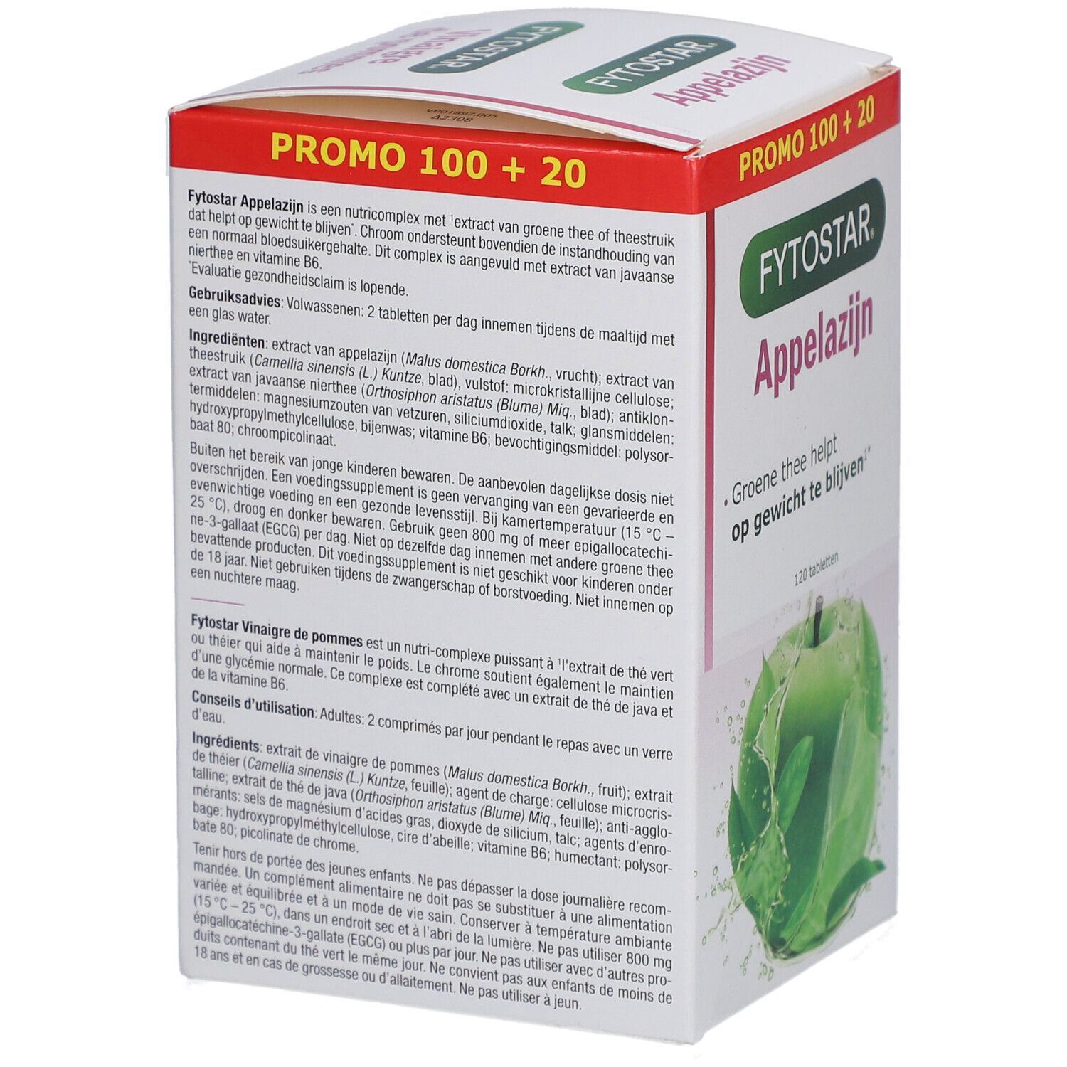 Fytostar Appelazijn. Achterkant van de verpakking met ingrediënten en gebruiksaanwijzing.