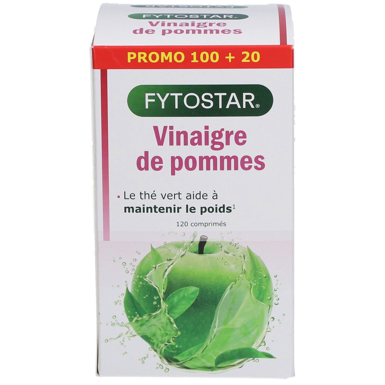 Fytostar Vinaigre de pommes, doos met 120 tabletten. Bevat groene thee. Promo 100 + 20.