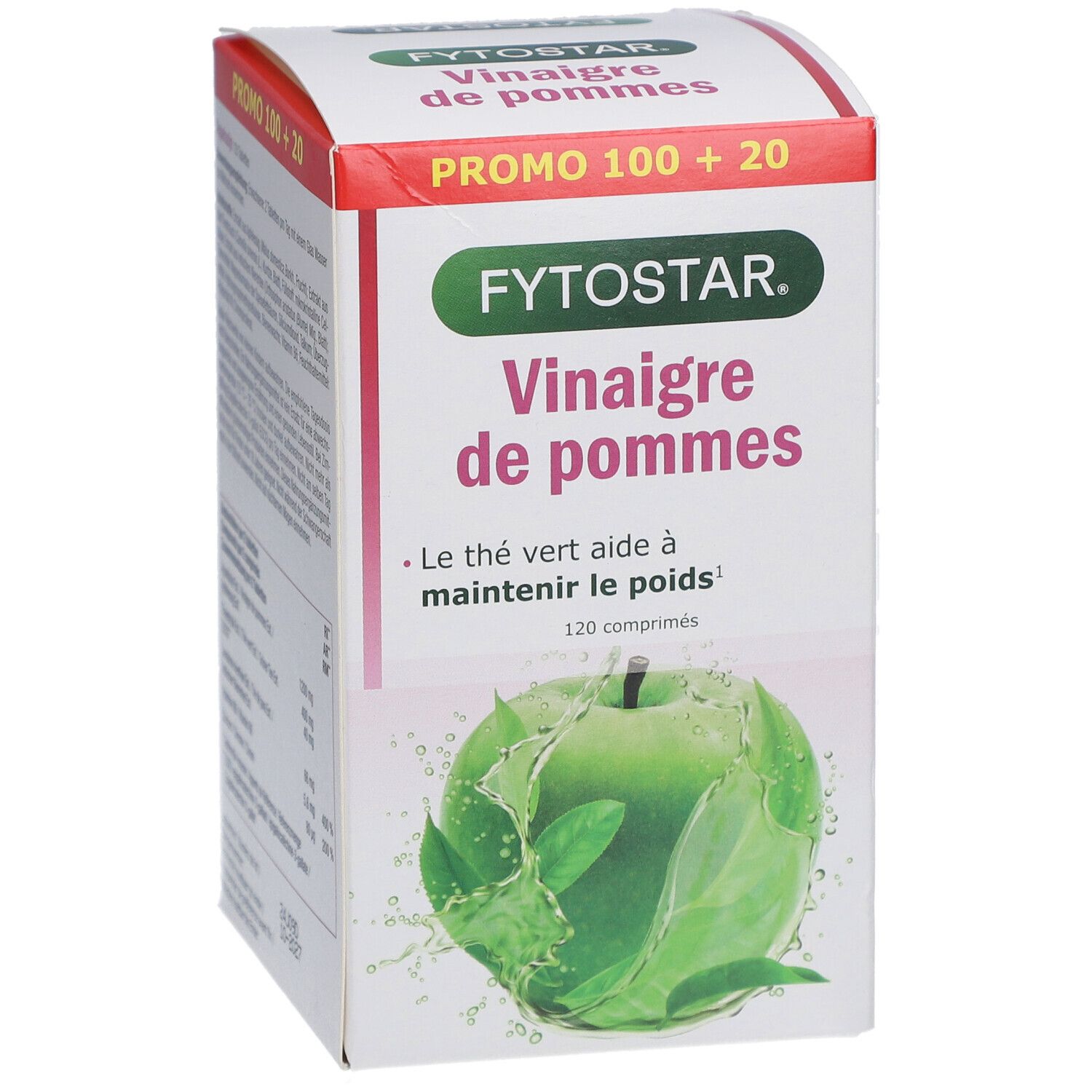 Fytostar Vinaigre de pommes, doos met 120 tabletten. Bevat groene thee. Promo 100 + 20.