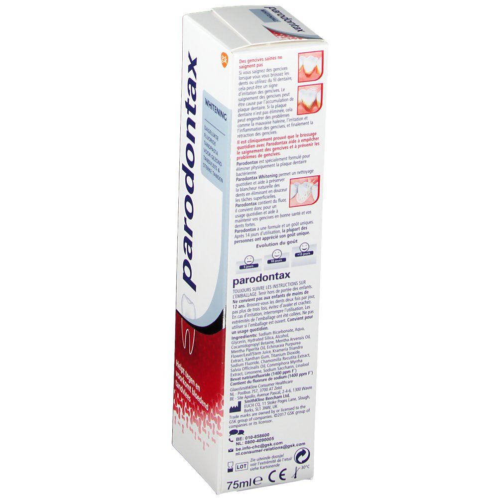 Tandpastadoos. Merk: Paradontax WHITENING. Wit, rood en blauw. Tekst op de zijkant: productinformatie, ingrediënten, fabrikant.