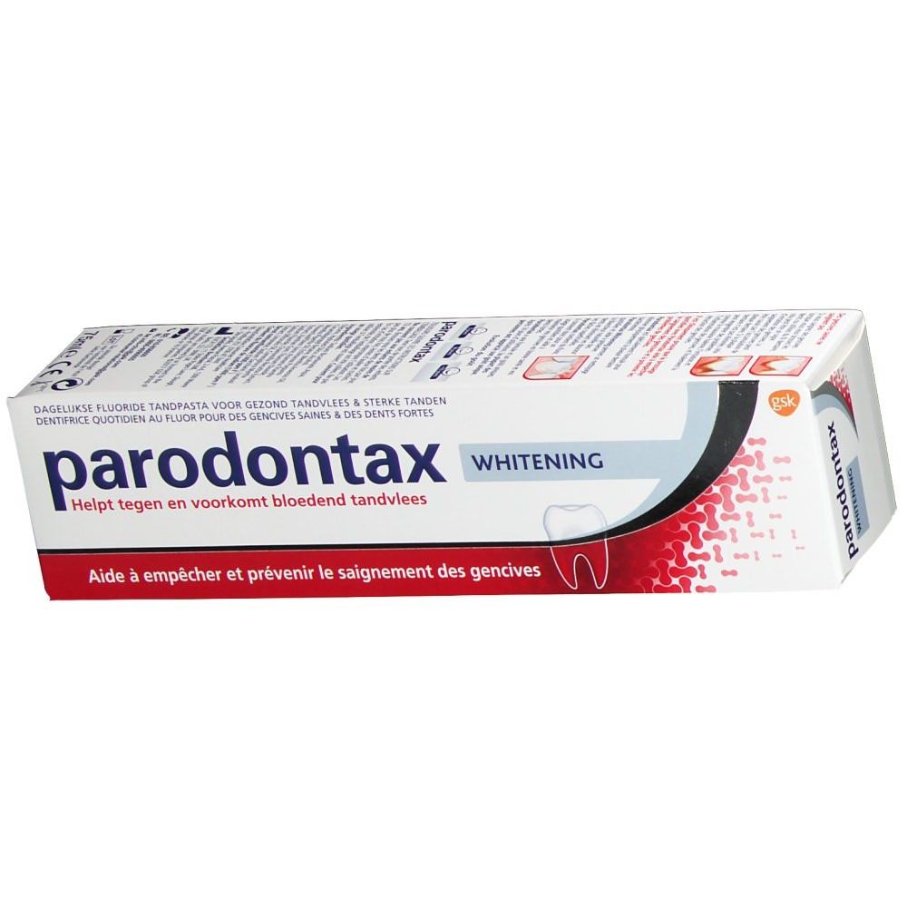 Tandpasta tube Paradontax WHITENING. Wit, rood en blauw. Tekst: 'Helpt tegen en voorkomt bloedend tandvlees'.