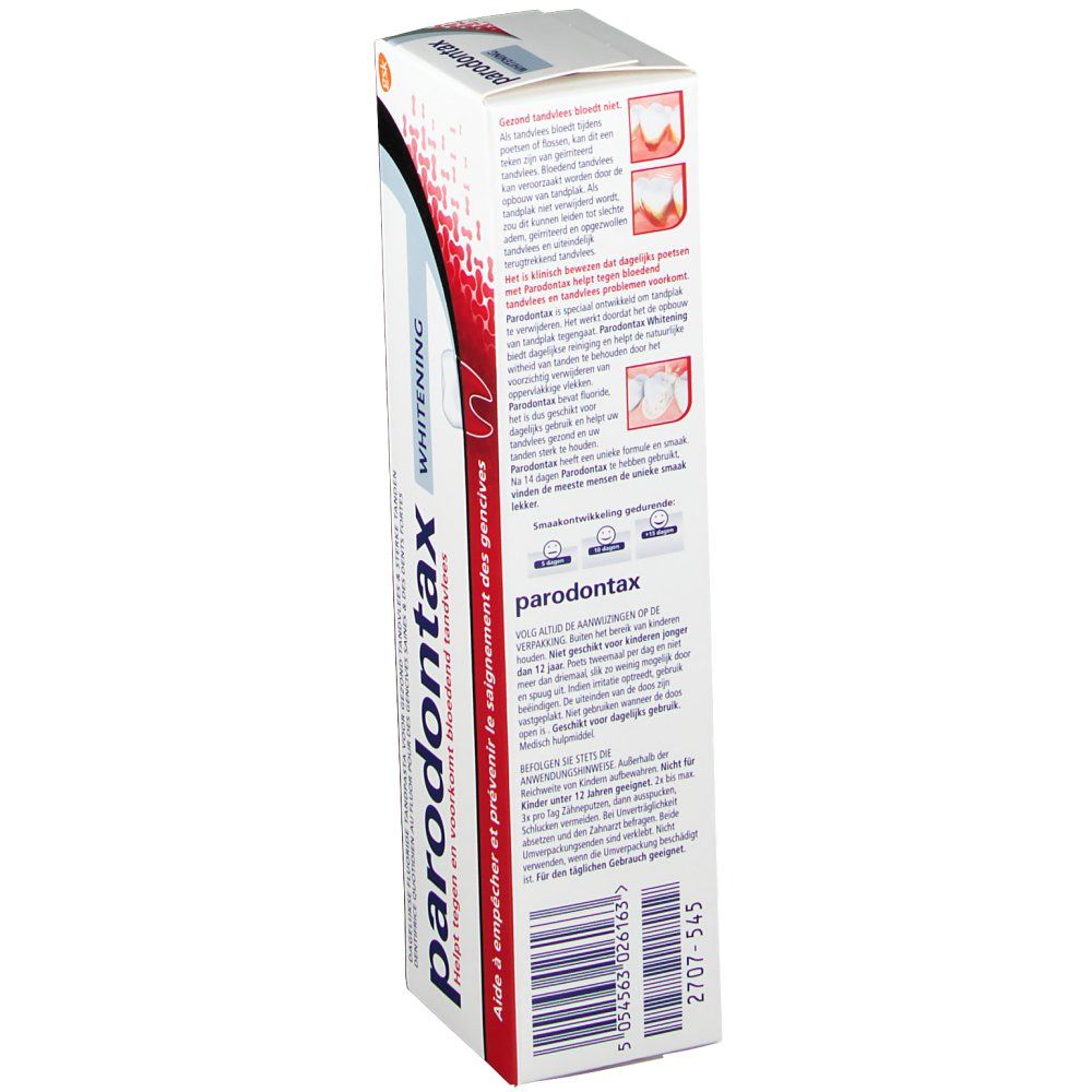 Tandpastadoos. Merk: Paradontax WHITENING. Wit, rood en blauw. Tekst op de zijkant: productinformatie, ingrediënten, fabrikant.