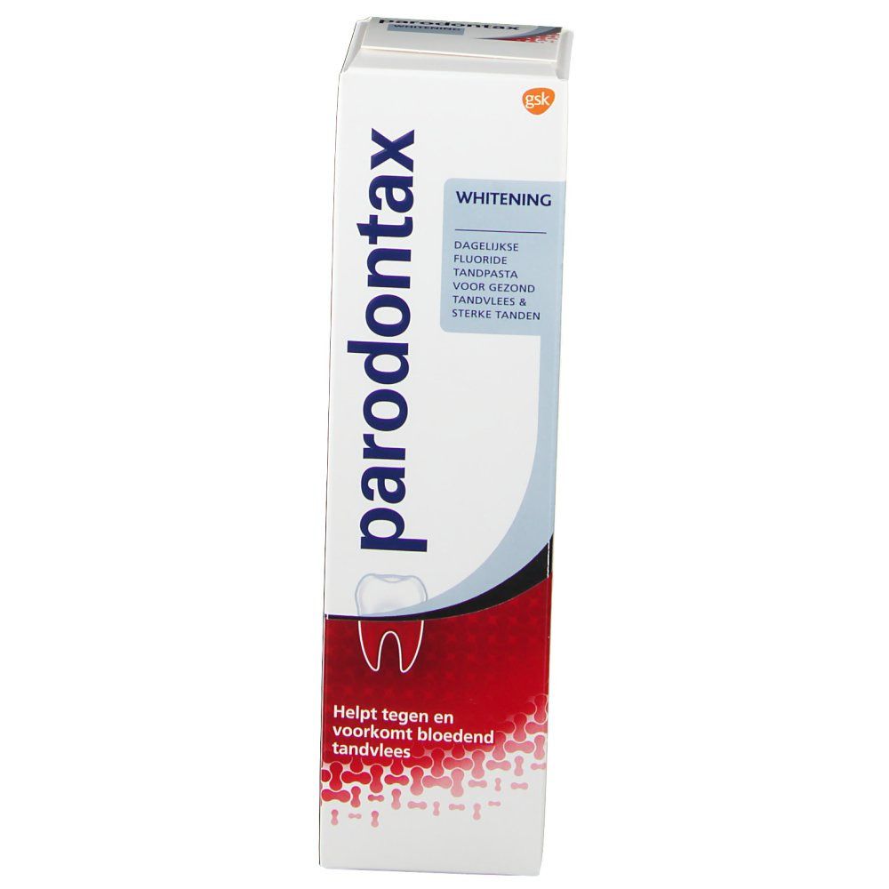 Tandpastadoos. Merk: Paradontax WHITENING. Wit, rood en blauw. Tekst: 'Helpt tegen en voorkomt bloedend tandvlees'.