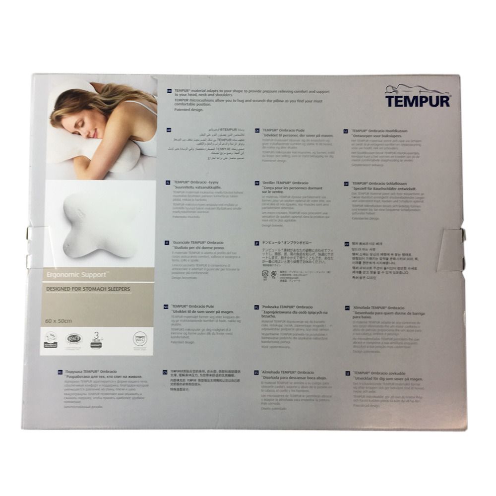 Rückseite der Verpackung des Tempur Ombracio Kissens. Text in mehreren Sprachen, Produktabbildung und Logo: Tempur.