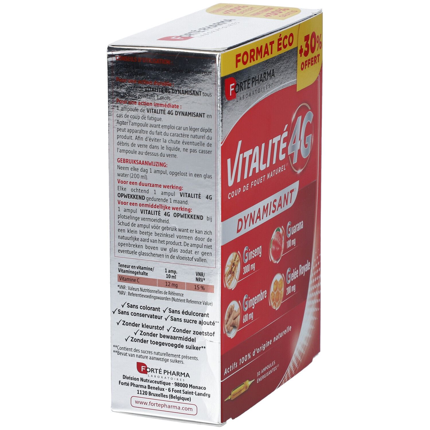 Boîte rouge Vitalité 4G. Ingrédients : ginseng, gingembre, guarana, gelée royale. Texte en français.