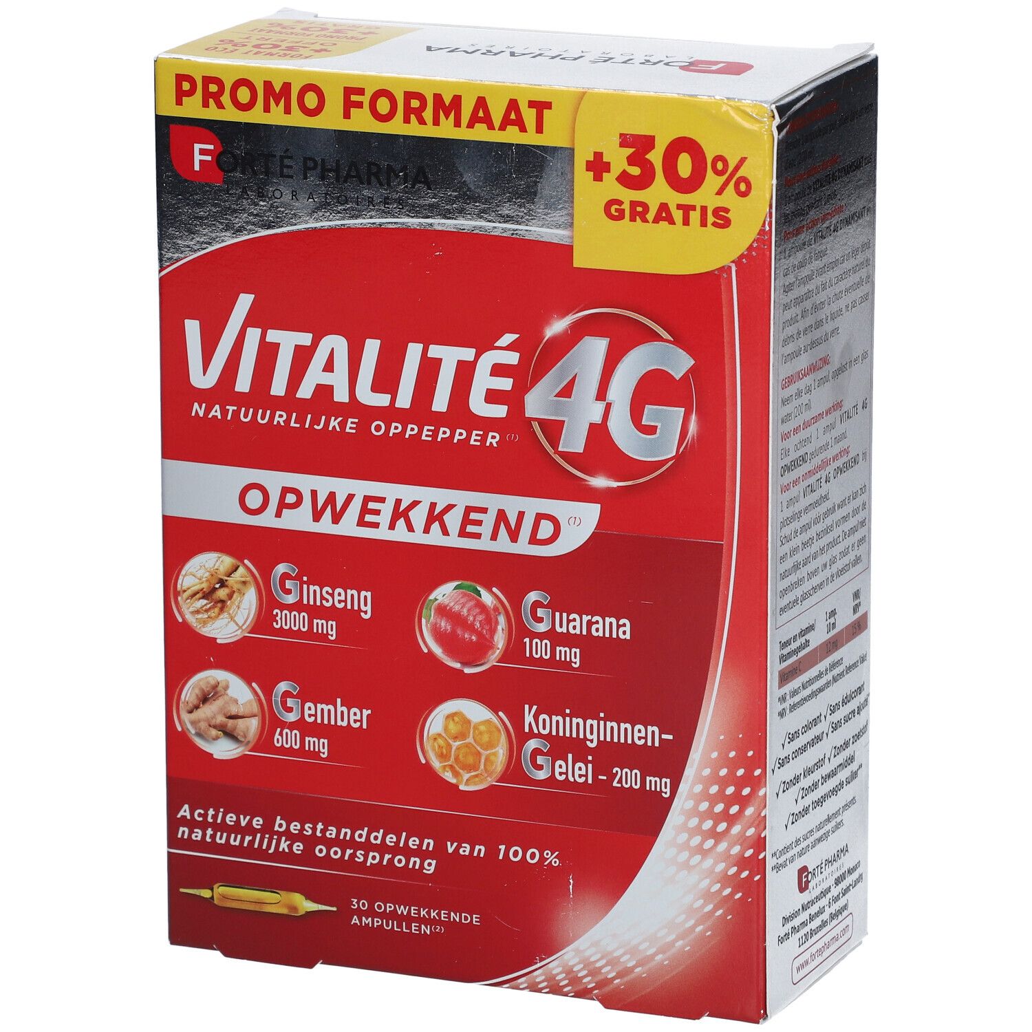 Boîte rouge Vitalité 4G. Contient ginseng, gingembre, guarana et gelée royale. Texte en néerlandais.