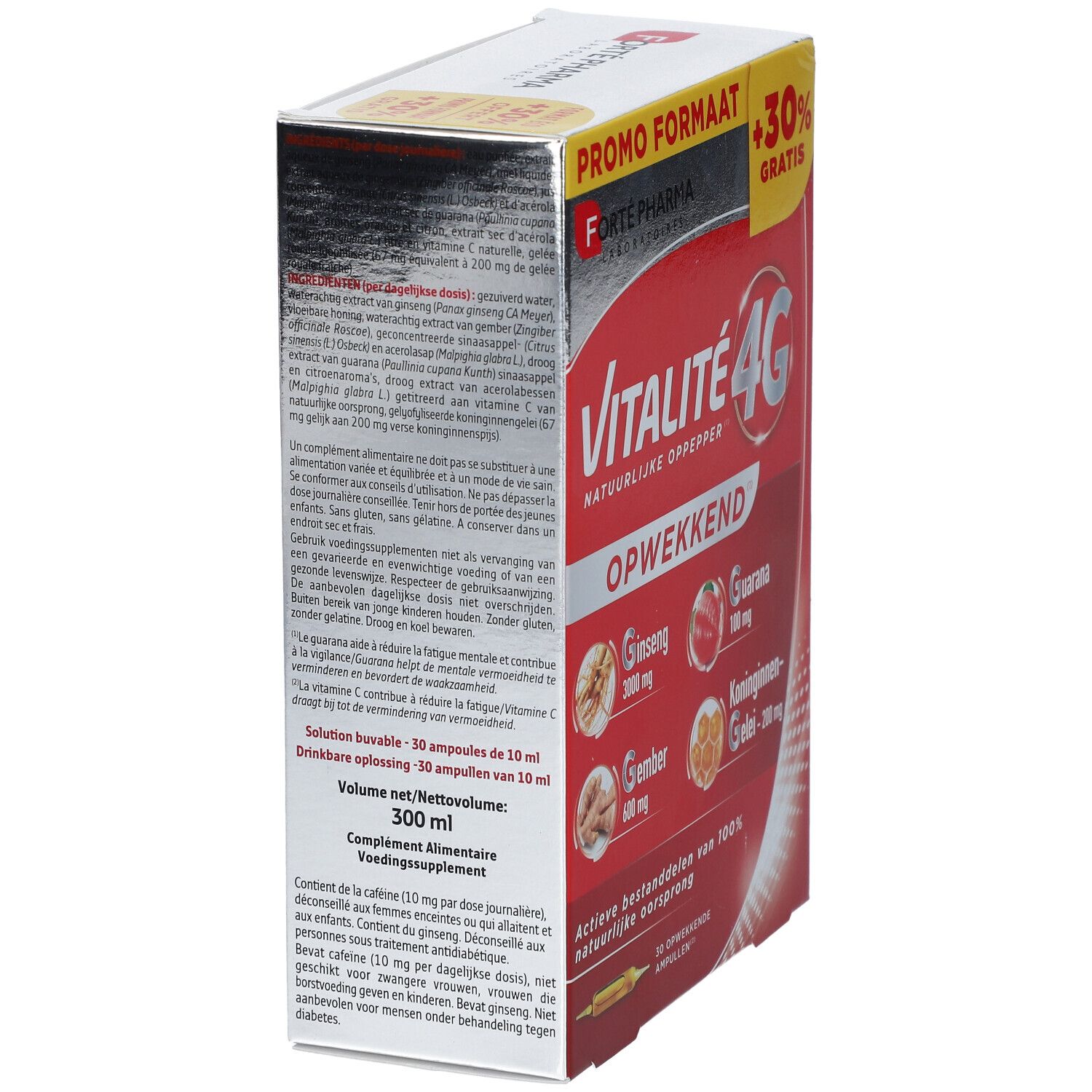 Boîte rouge Vitalité 4G. Contient ginseng, gingembre, guarana et gelée royale. Texte en néerlandais.