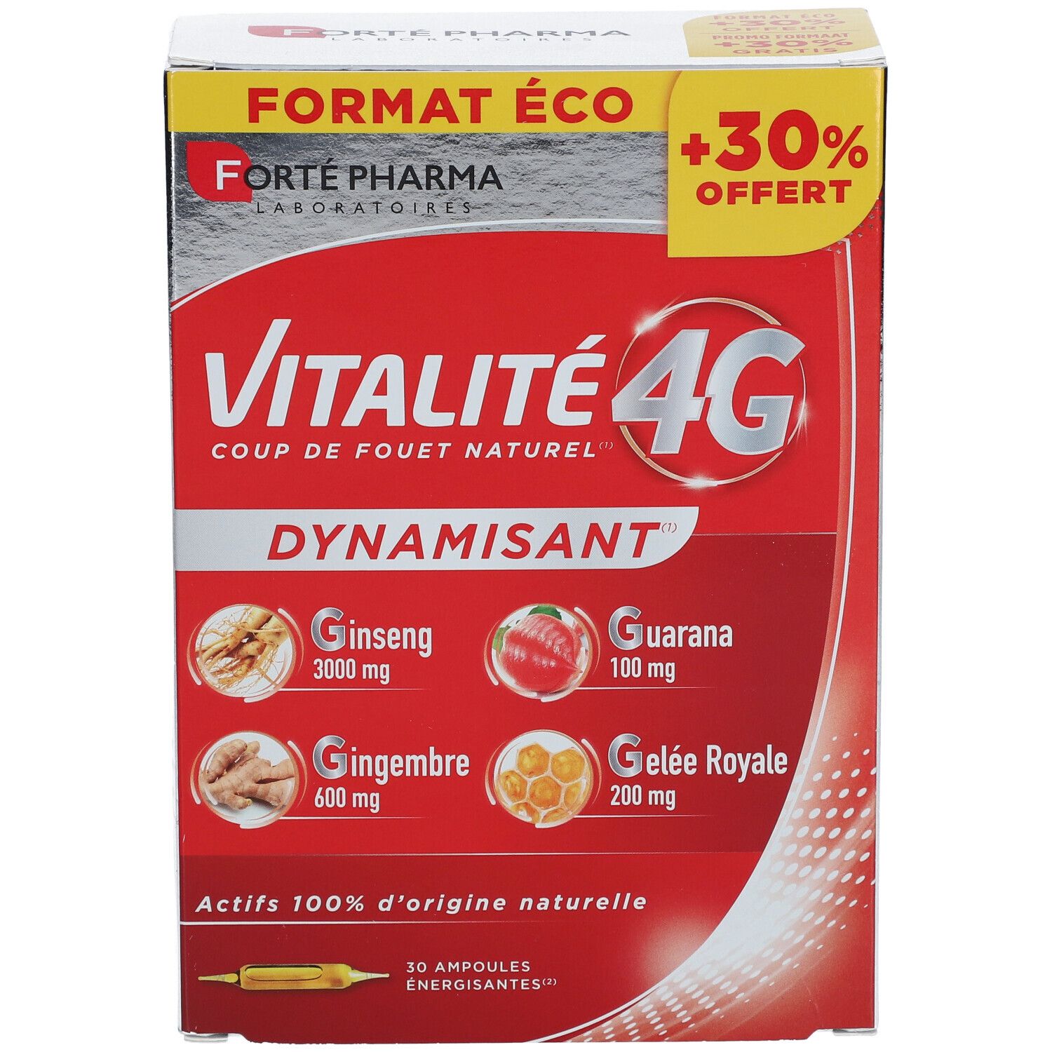 Boîte rouge Vitalité 4G. Contient ginseng, gingembre, guarana et gelée royale. 30 ampoules.