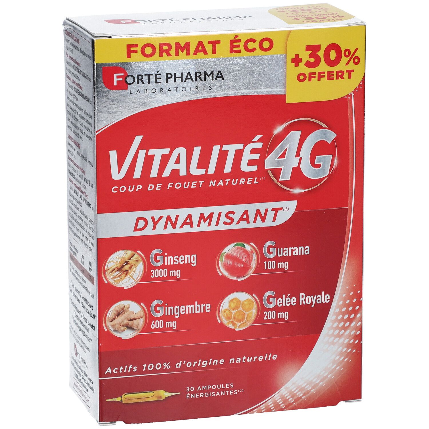 Boîte rouge Vitalité 4G. Contient ginseng, gingembre, guarana et gelée royale. 30 ampoules.