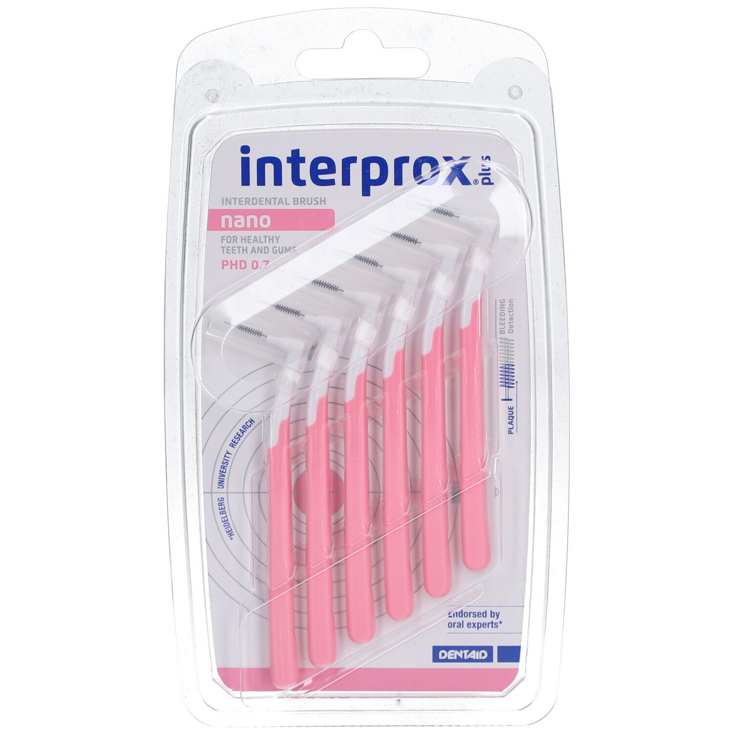 Paquet de brosses interdentaires roses. Six brosses dans un blister transparent. Marque Interprox Plus Nano.