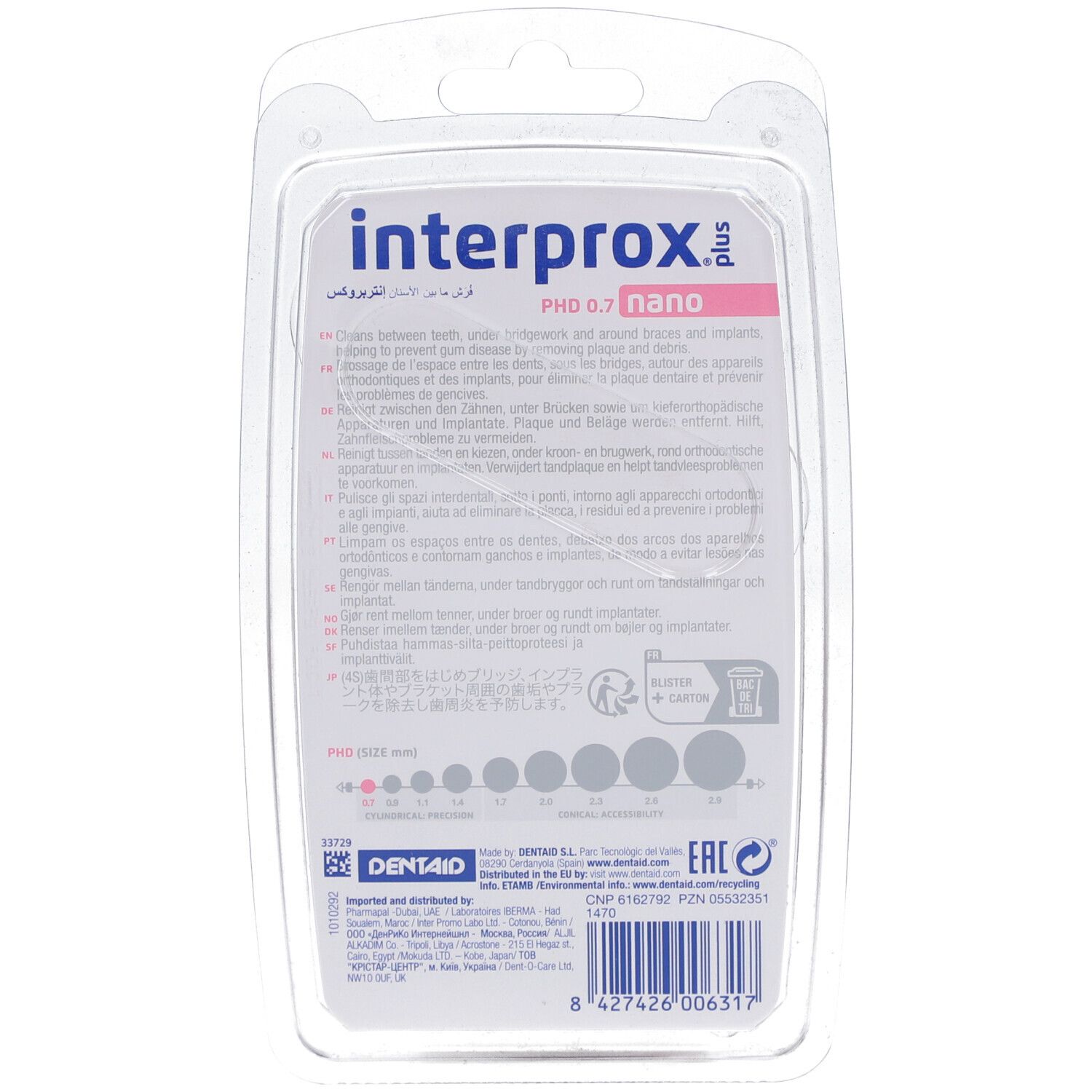 Dos de l'emballage avec informations produit. Texte multilingue. Indications de taille des brosses. Marque Dentaid.