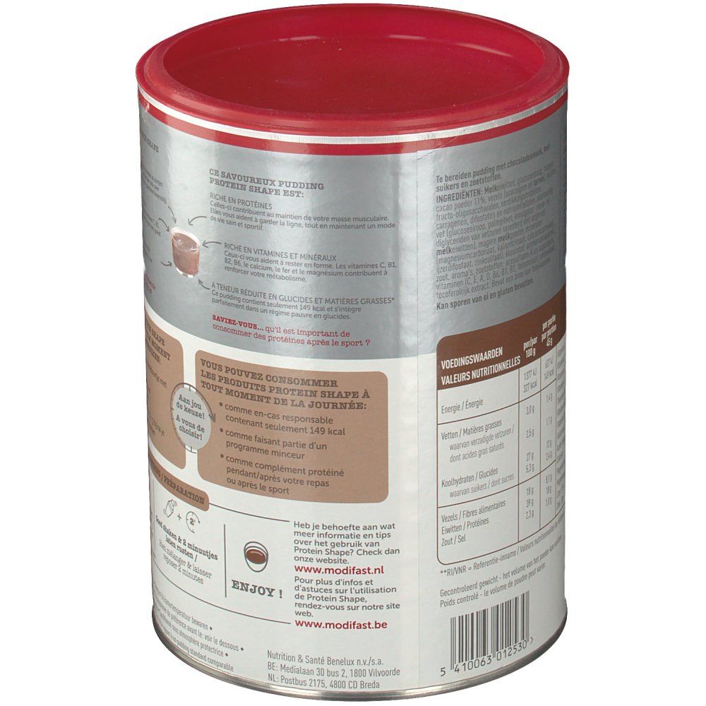 Boîte cylindrique à couvercle rouge. Inscriptions et informations nutritionnelles. Marque : Modifast. Texte en français et néerlandais.