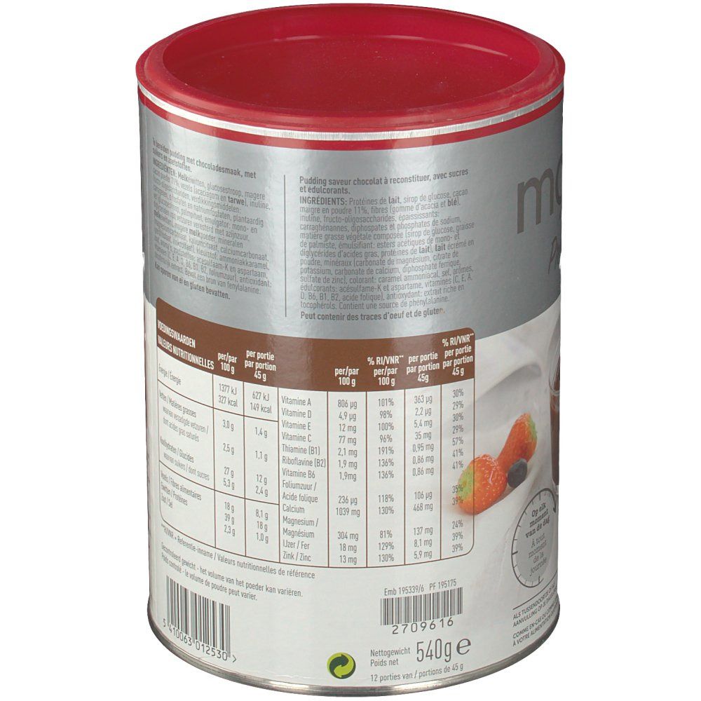 Boîte cylindrique à couvercle rouge. Impression avec informations nutritionnelles. Marque : Modifast. Produit : Proti Plus Pudding Chocolat. Poids : 540g.
