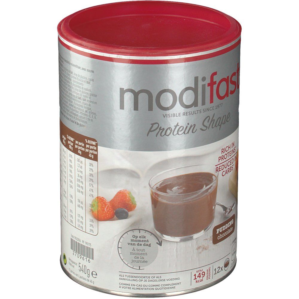 Boîte avec couvercle rouge. Inscription : Modifast Protein Shape. Produit : Pudding Chocolat. Illustration : pudding avec fruits. Poids : 540g.