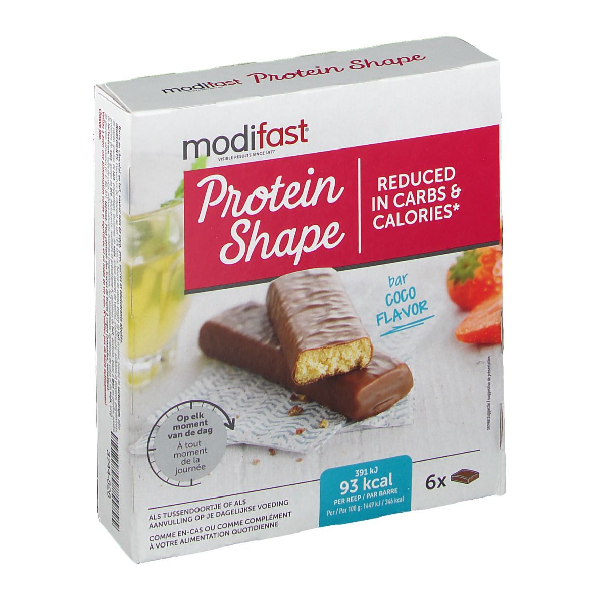 Verpakking met Protein Shape Bar Coco Flavor. Rode en witte tekst. 6 repen. Verminderd in koolhydraten en calorieën.