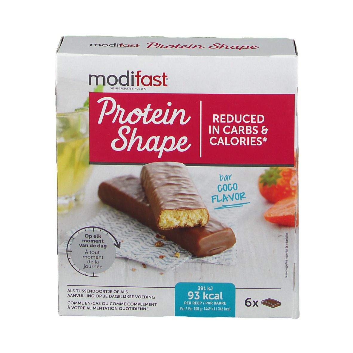 Protein Shape Bar Coco Flavor verpakking. Rode en witte tekst. 6 repen. Verminderd in koolhydraten en calorieën.