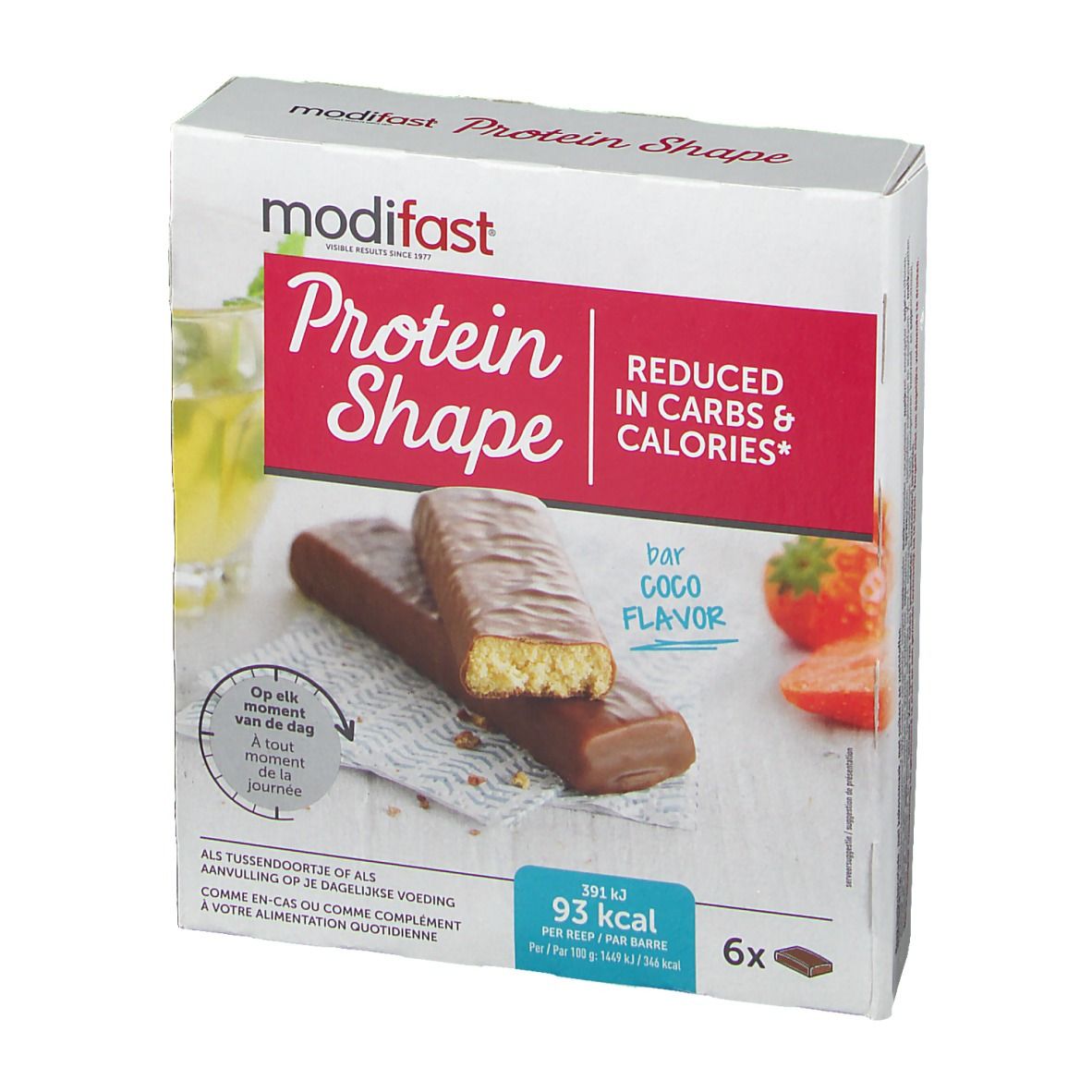 Protein Shape Bar Coco Flavor verpakking. Rode en witte tekst. 6 repen. Verminderd in koolhydraten en calorieën.