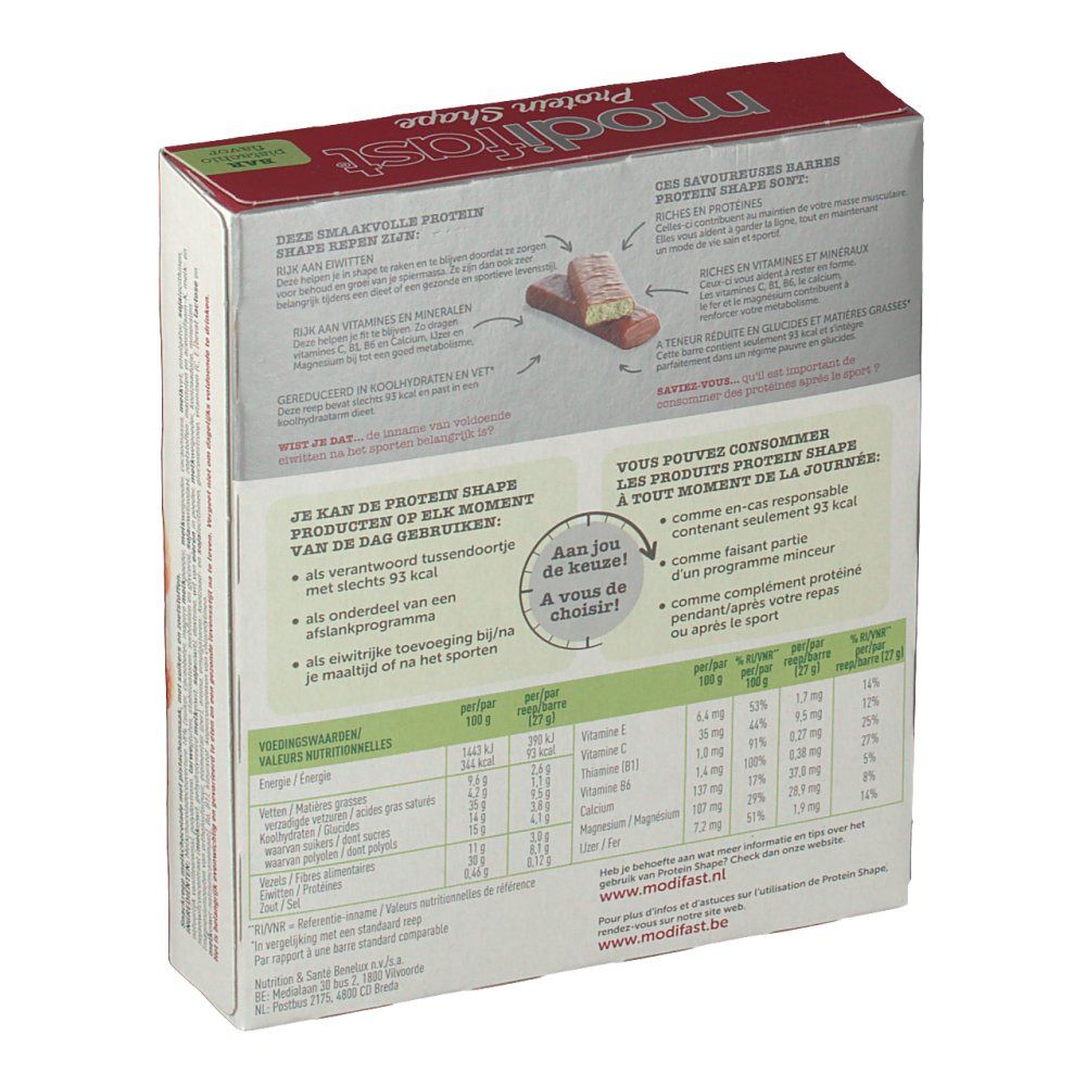 Rückseite der Modifast Proti Plus Barre Pistache Verpackung. Enthält Nährwertangaben und Produktinformationen. Text in mehreren Sprachen.
