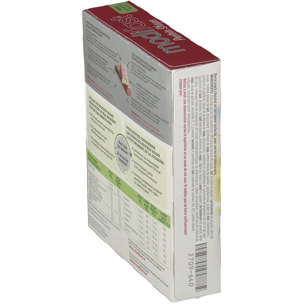 Schrägansicht der Rückseite der Modifast Proti Plus Barre Pistache Verpackung. Enthält Nährwertangaben und Produktinformationen. Text in mehreren Sprachen.