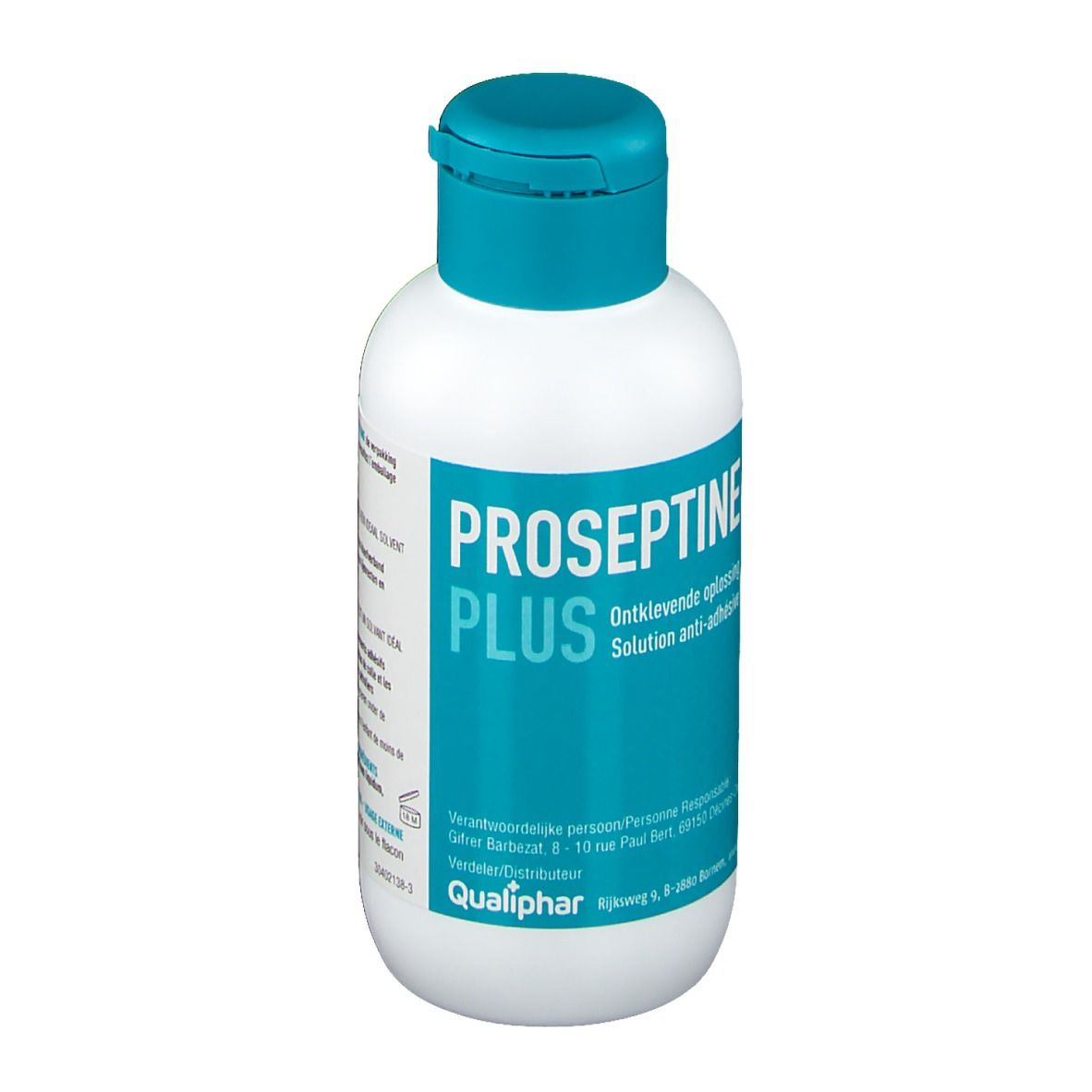 Flacon blanc avec bouchon bleu. Inscription: Proseptine Plus. Solution anti-adhésive. Logo Qualiphar.