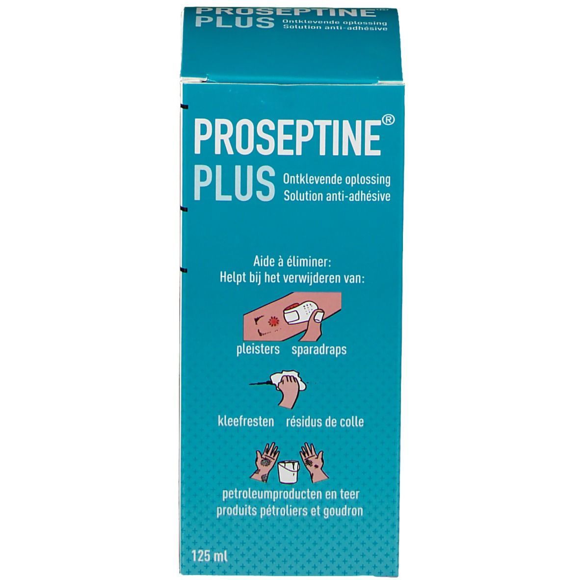Boîte Proseptine Plus. Inscription: 125 ml. Aide à éliminer les pansements, résidus de colle.