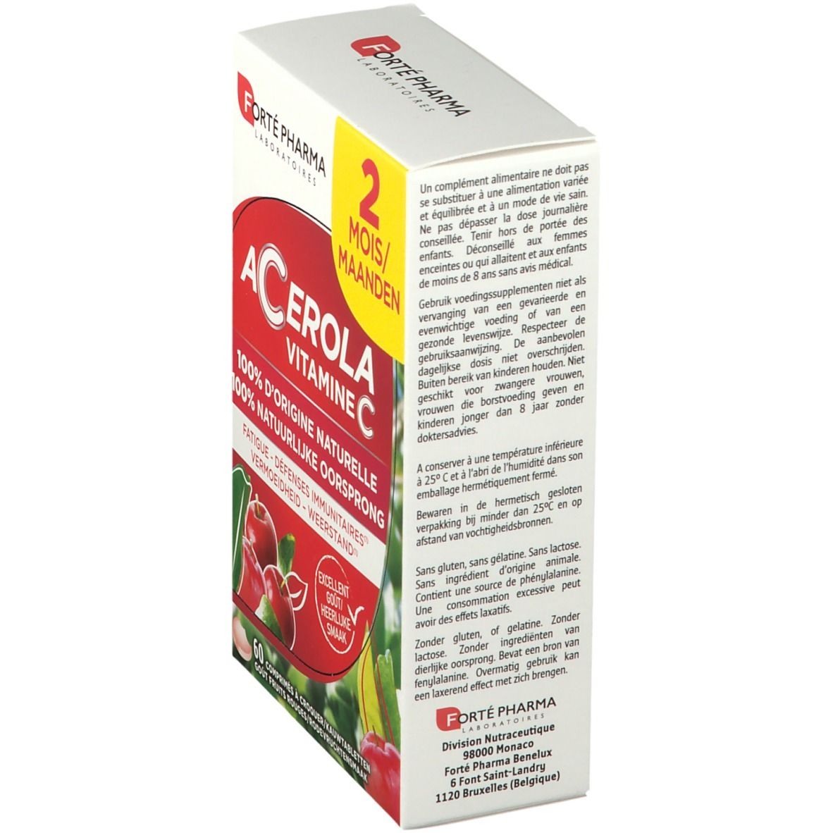 Zijkant van de verpakking Forté Pharma Acérola Vitamine C. Rode en witte doos met productinformatie.