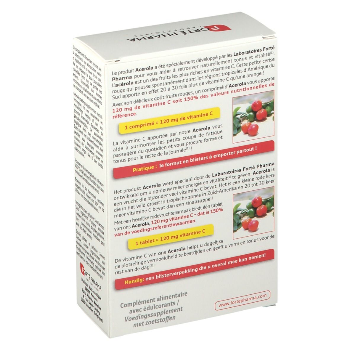 Achterkant van de verpakking Forté Pharma Acérola Vitamine C. Tekst en illustraties met productinformatie.