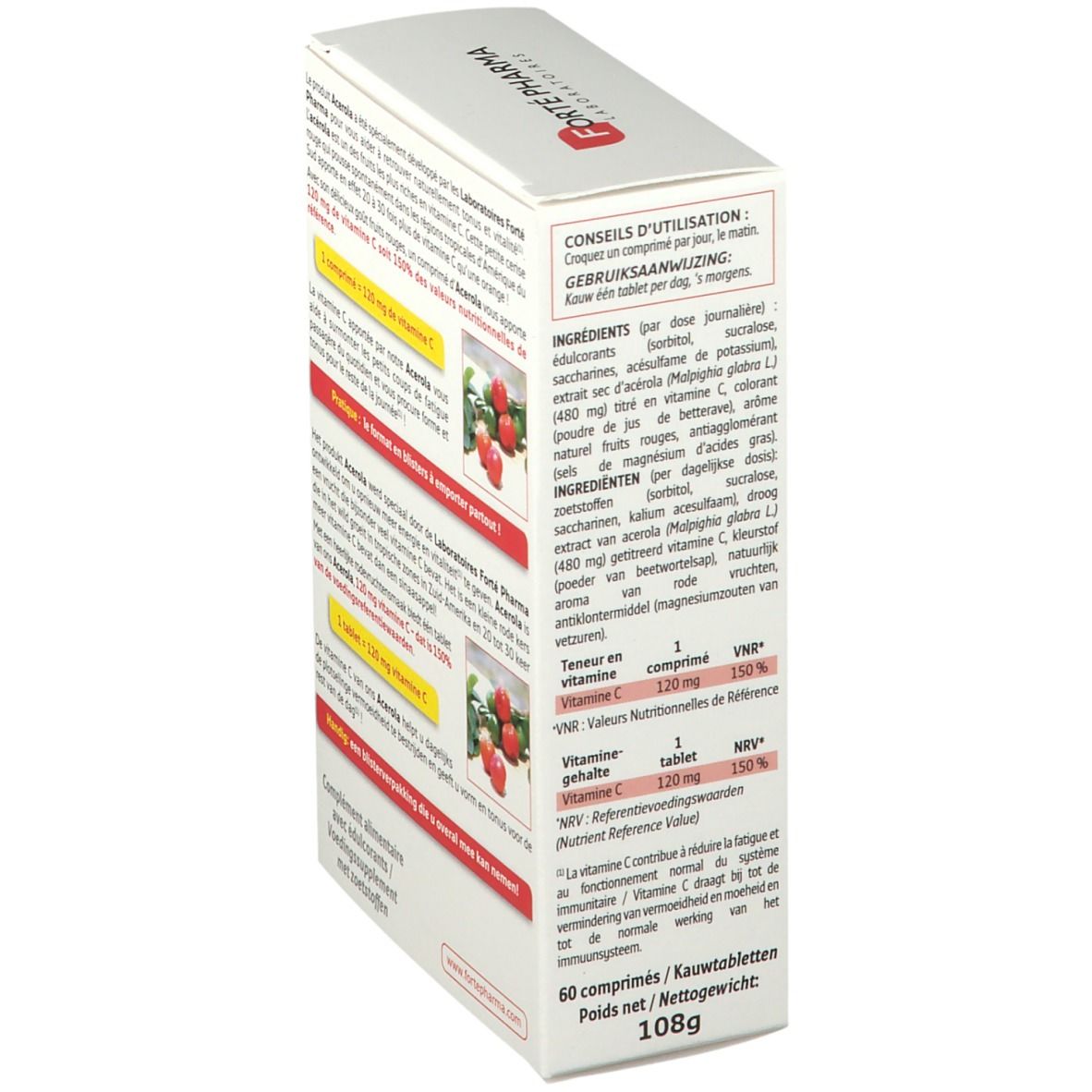 Achterkant van de verpakking Forté Pharma Acérola Vitamine C. Tekst en illustraties met productinformatie.